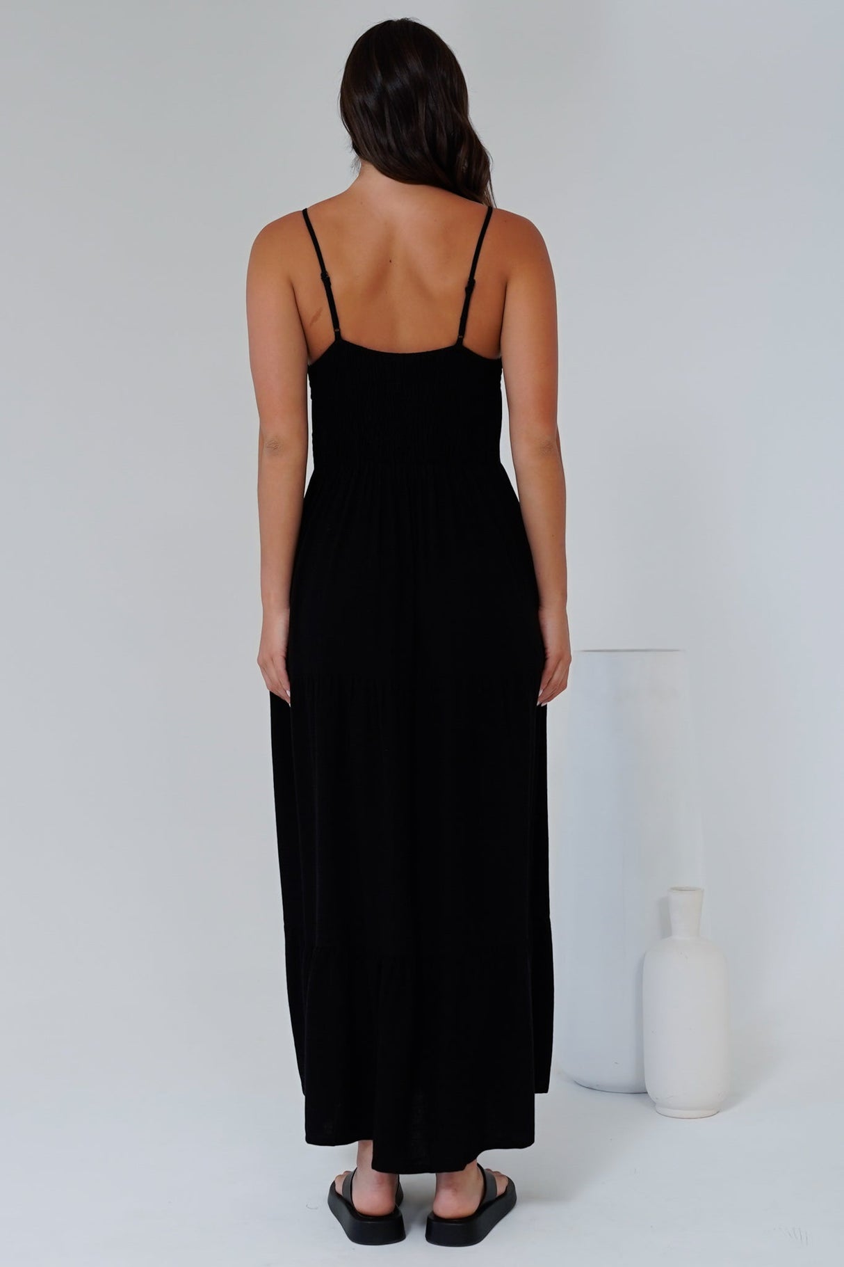 Bounty Maxi Dress - Soft V-Neckline Tiered Linen Dress in Black