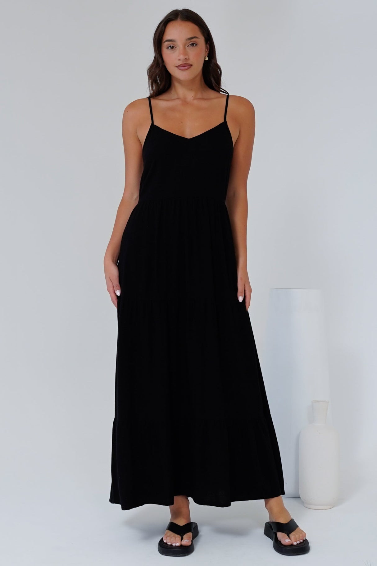Bounty Maxi Dress - Soft V-Neckline Tiered Linen Dress in Black
