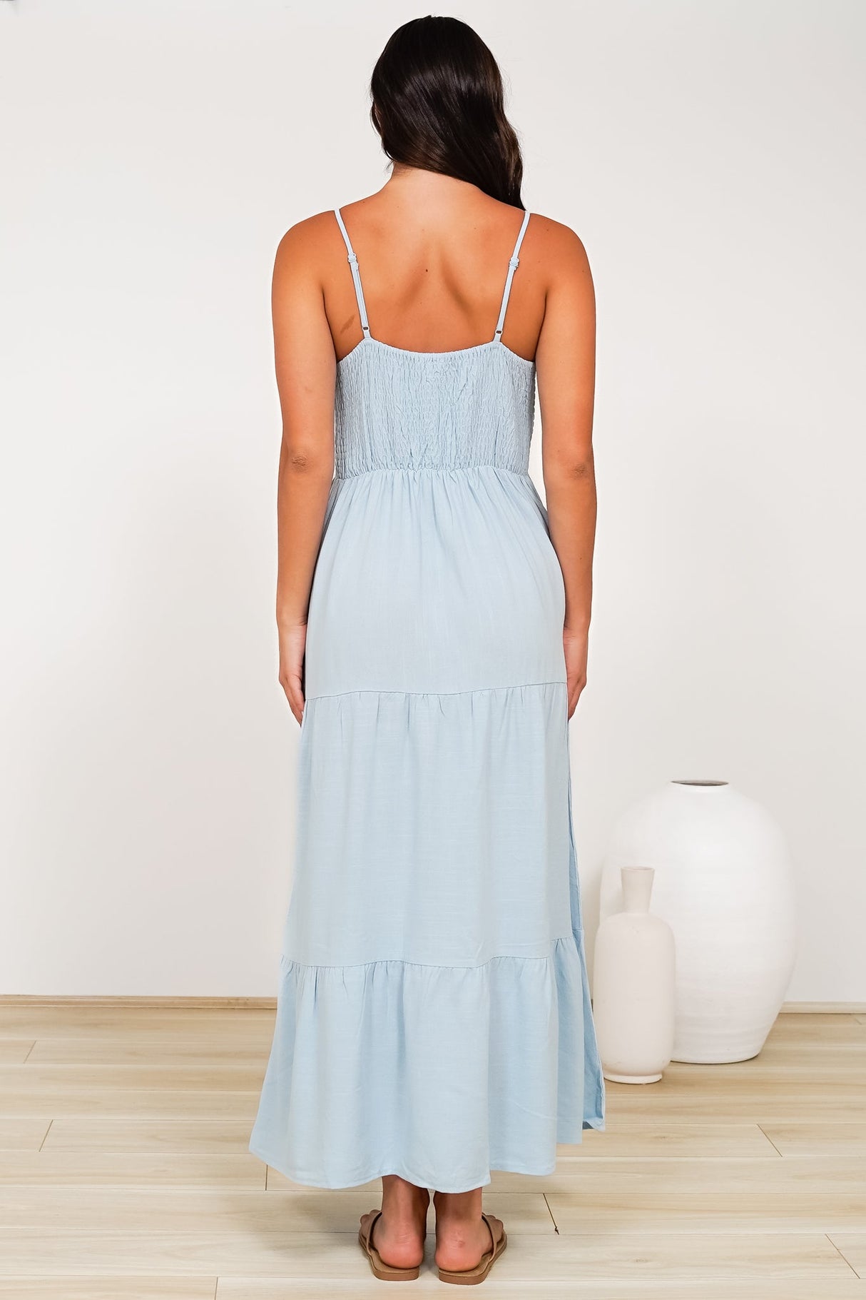 Bounty Maxi Dress - Soft V-Neckline Tiered Linen Dress in Light Blue