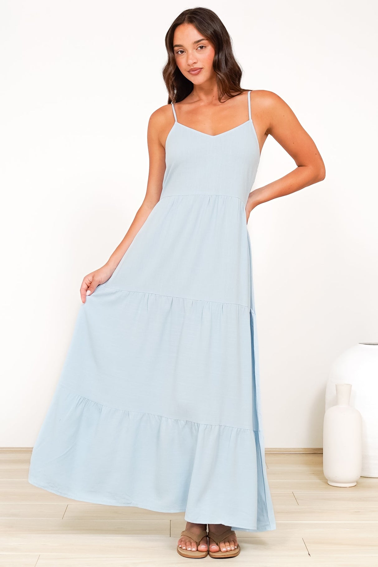 Bounty Maxi Dress - Soft V-Neckline Tiered Linen Dress in Light Blue