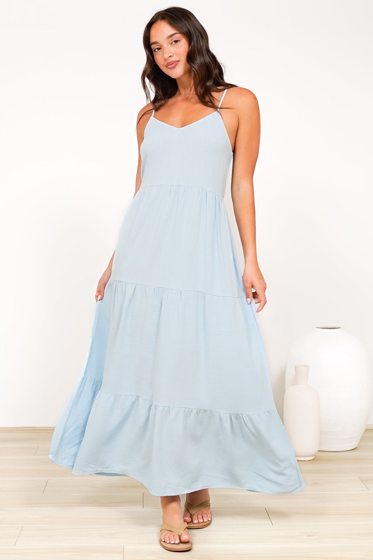 Bounty Maxi Dress - Soft V-Neckline Tiered Linen Dress in Light Blue