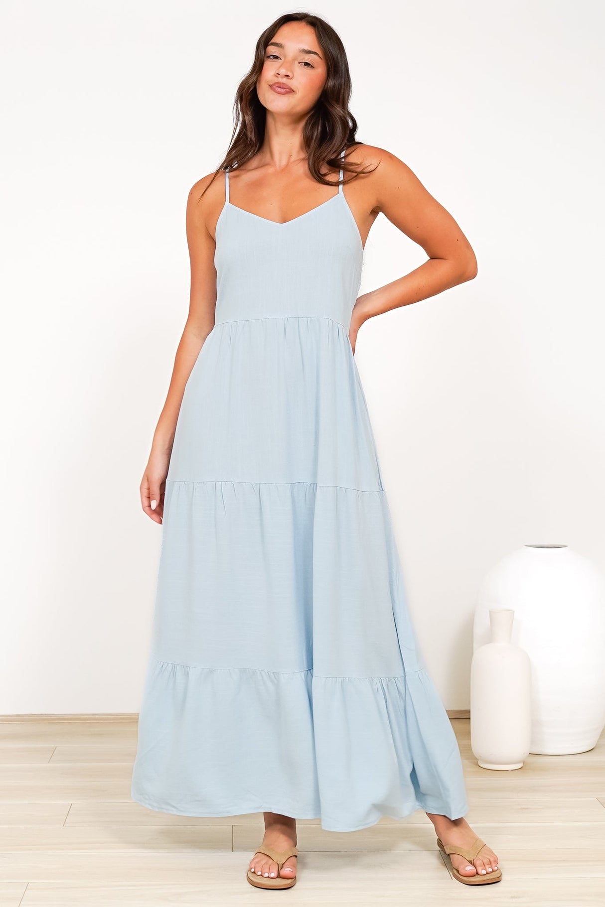 Bounty Maxi Dress - Soft V-Neckline Tiered Linen Dress in Light Blue