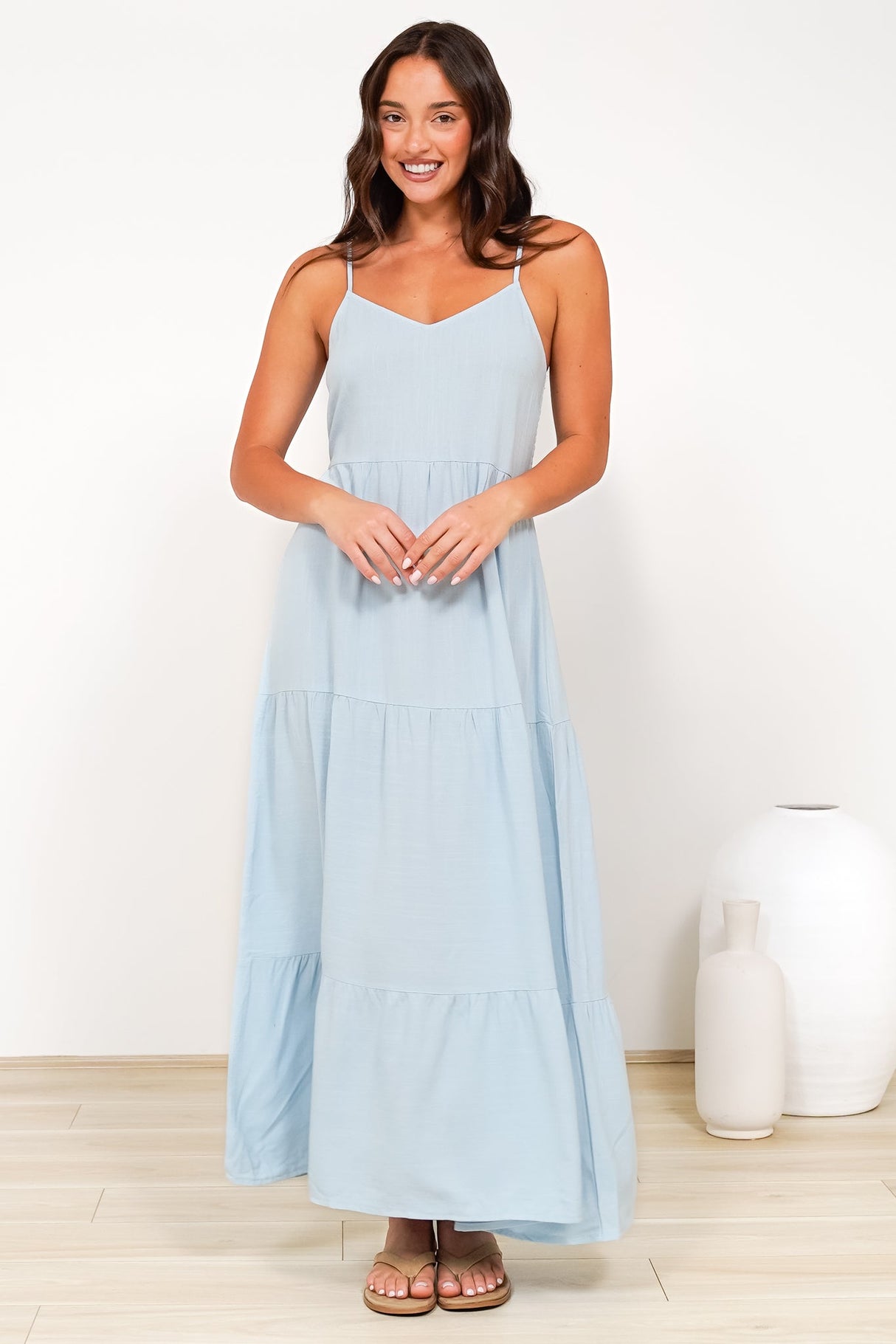Bounty Maxi Dress - Soft V-Neckline Tiered Linen Dress in Light Blue