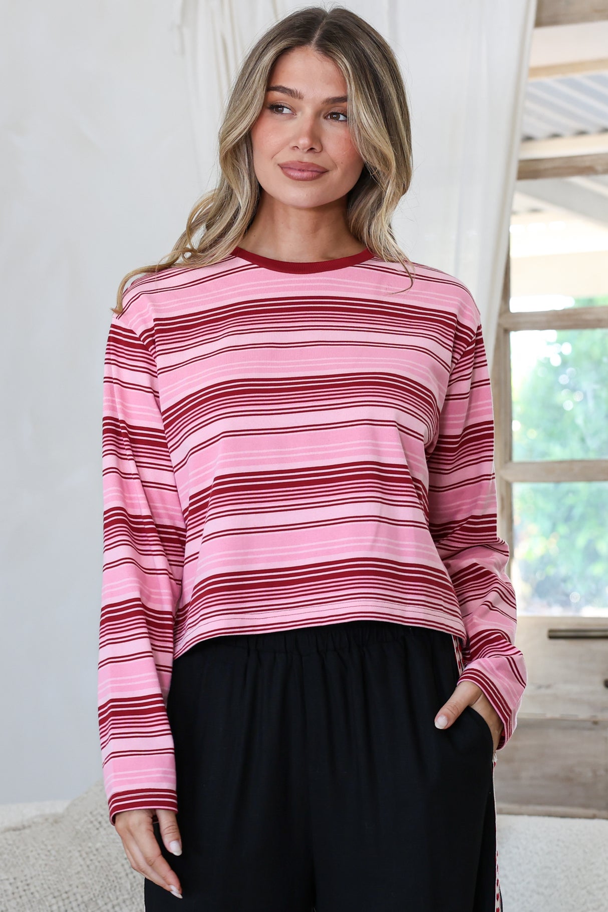 Brady Top - Crew Neck Relaxed Long Sleeve Cropped Tee in Pink Stripe