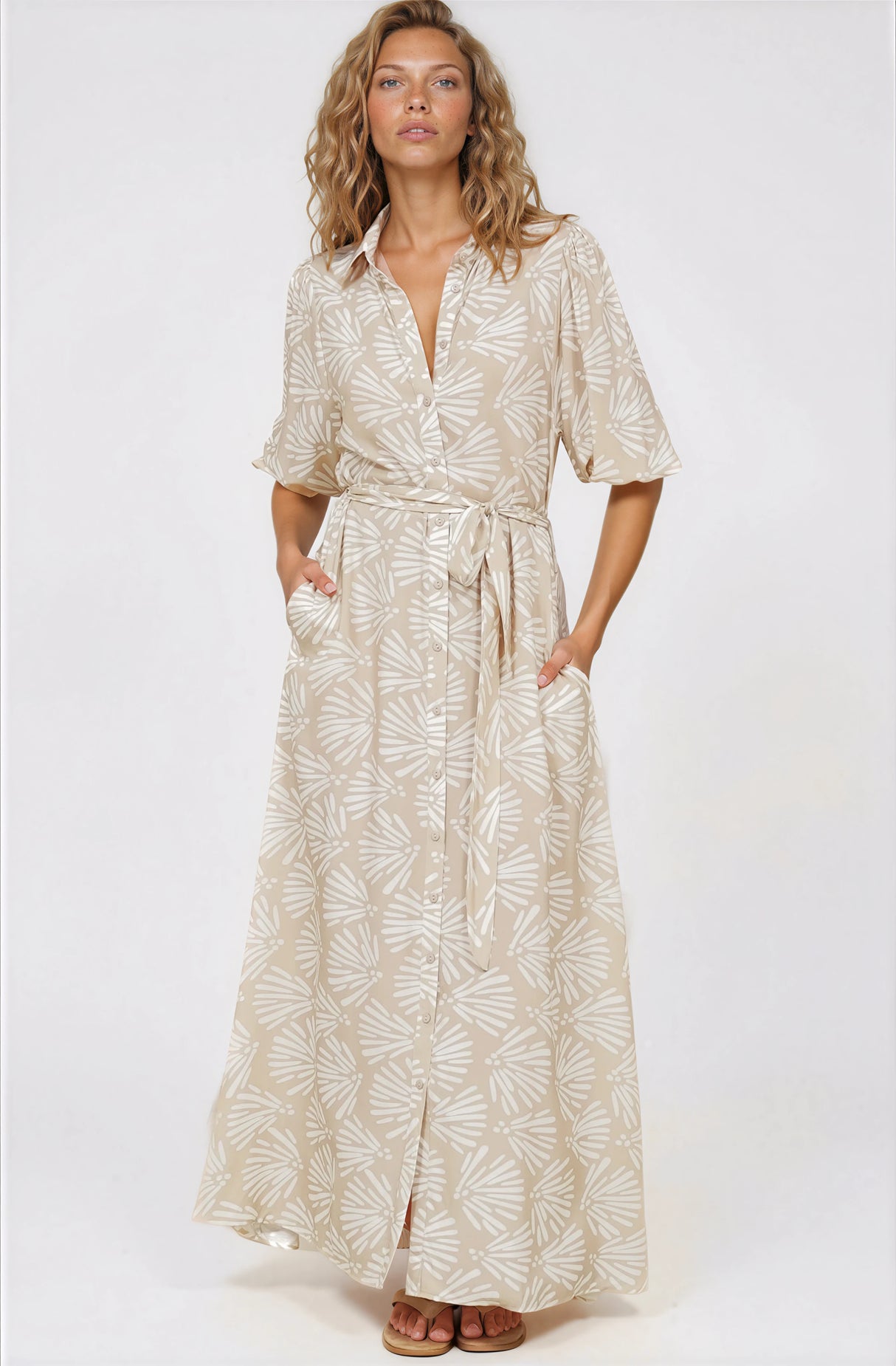 Brea Maxi Dress - Collared Shirt Dress with Belt in Catia Print Beige