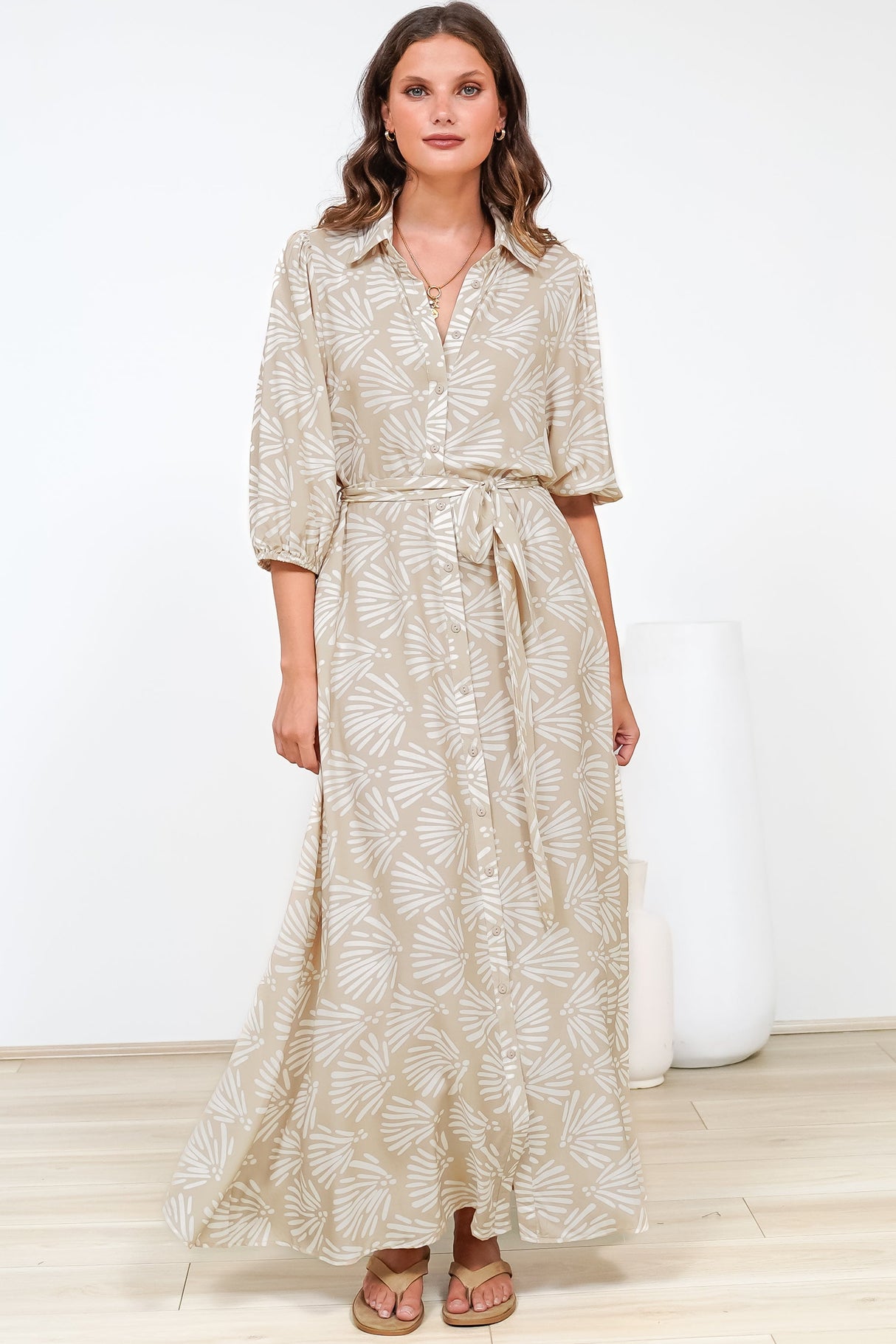 Brea Maxi Dress - Collared Shirt Dress with Belt in Catia Print Beige