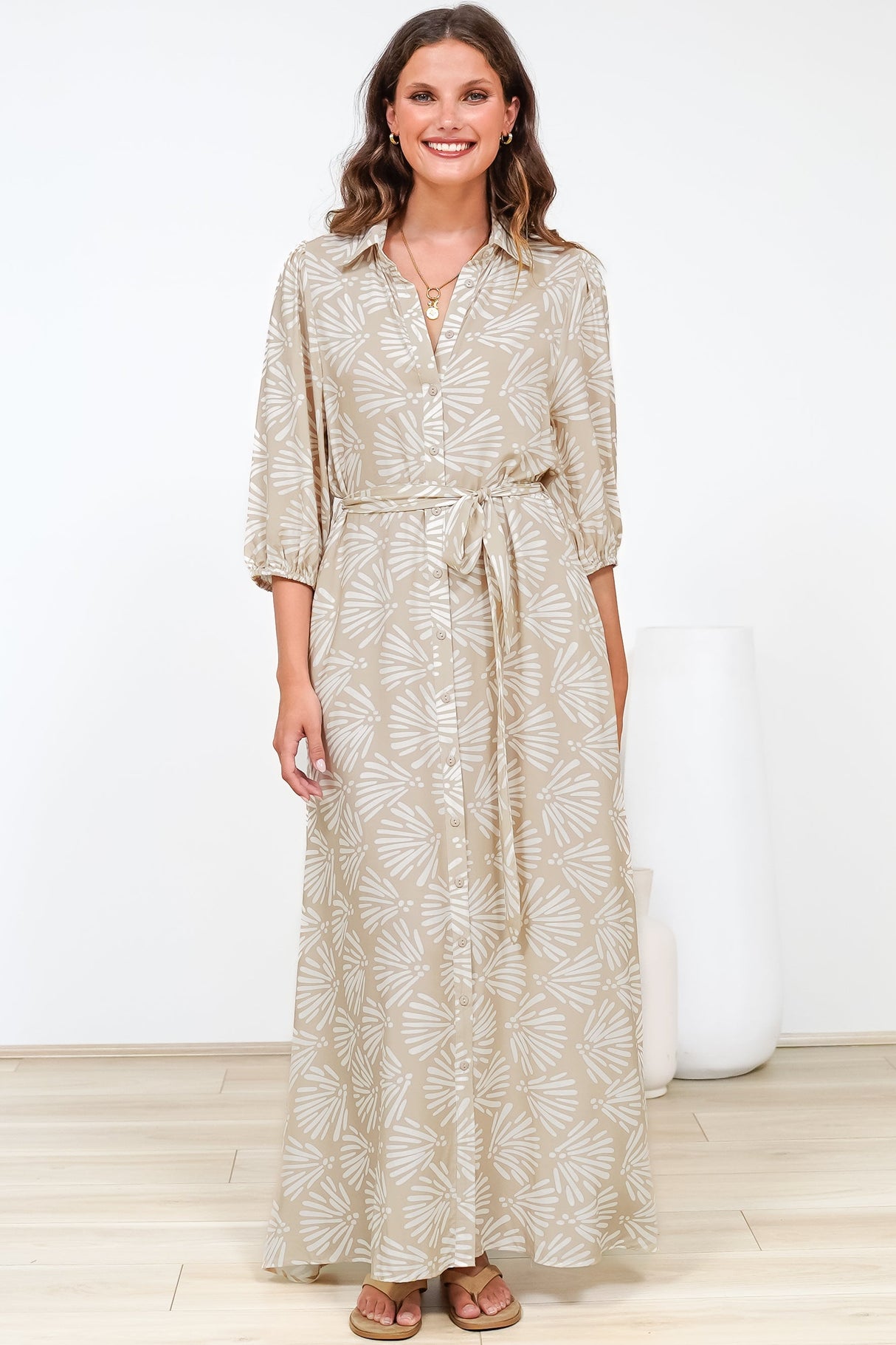 Brea Maxi Dress - Collared Shirt Dress with Belt in Catia Print Beige