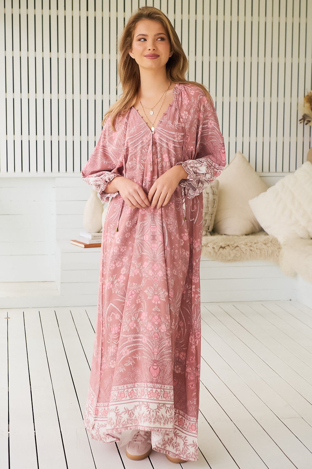 JAASE - Bree Maxi Dress: Frill Balloon Sleeve V Neck Shift Dress in Angelina Print
