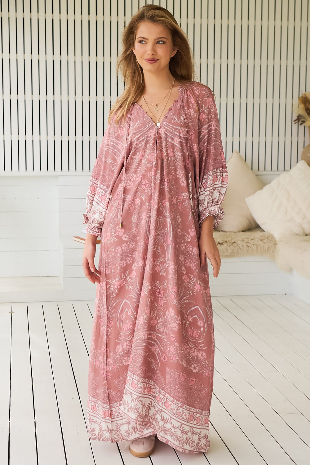 JAASE - Bree Maxi Dress: Frill Balloon Sleeve V Neck Shift Dress in Angelina Print