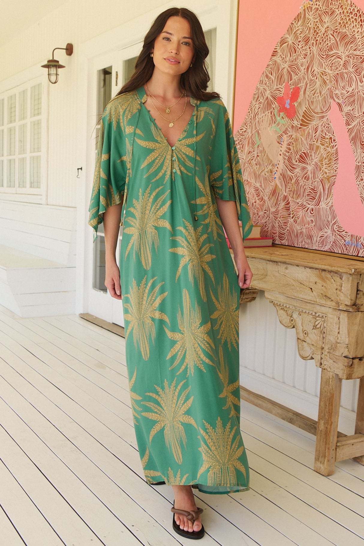 JAASE - Bree Maxi Dress: Handkerchief Sleeve Shift Dress in Island Luxe Print