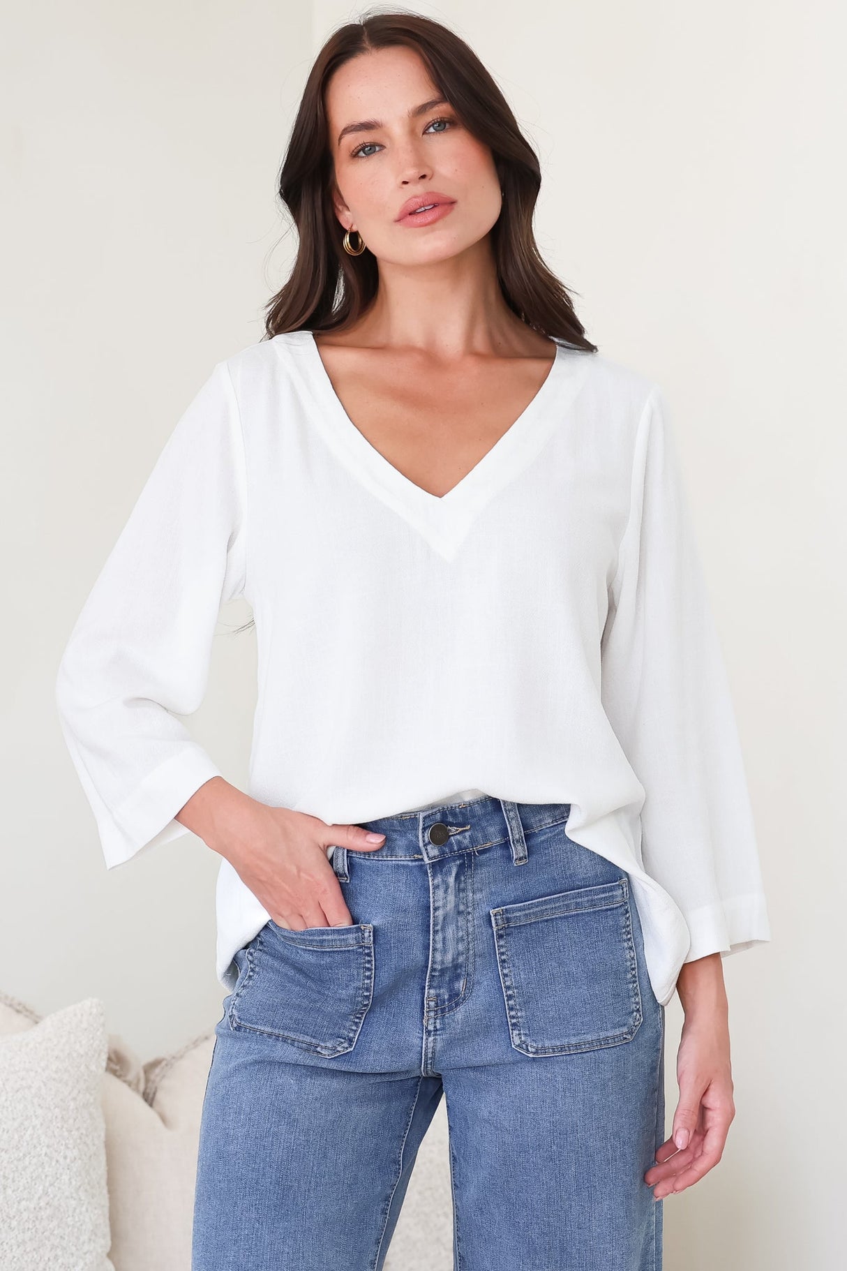 Breezer Top - Long Sleeve V Neck Pull Over Top with High Low Hemline in White