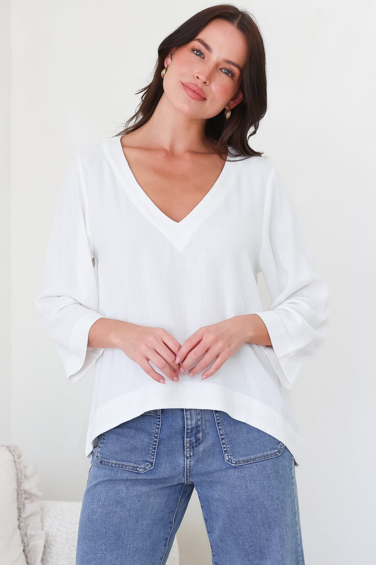 Breezer Top - Long Sleeve V Neck Pull Over Top with High Low Hemline in White
