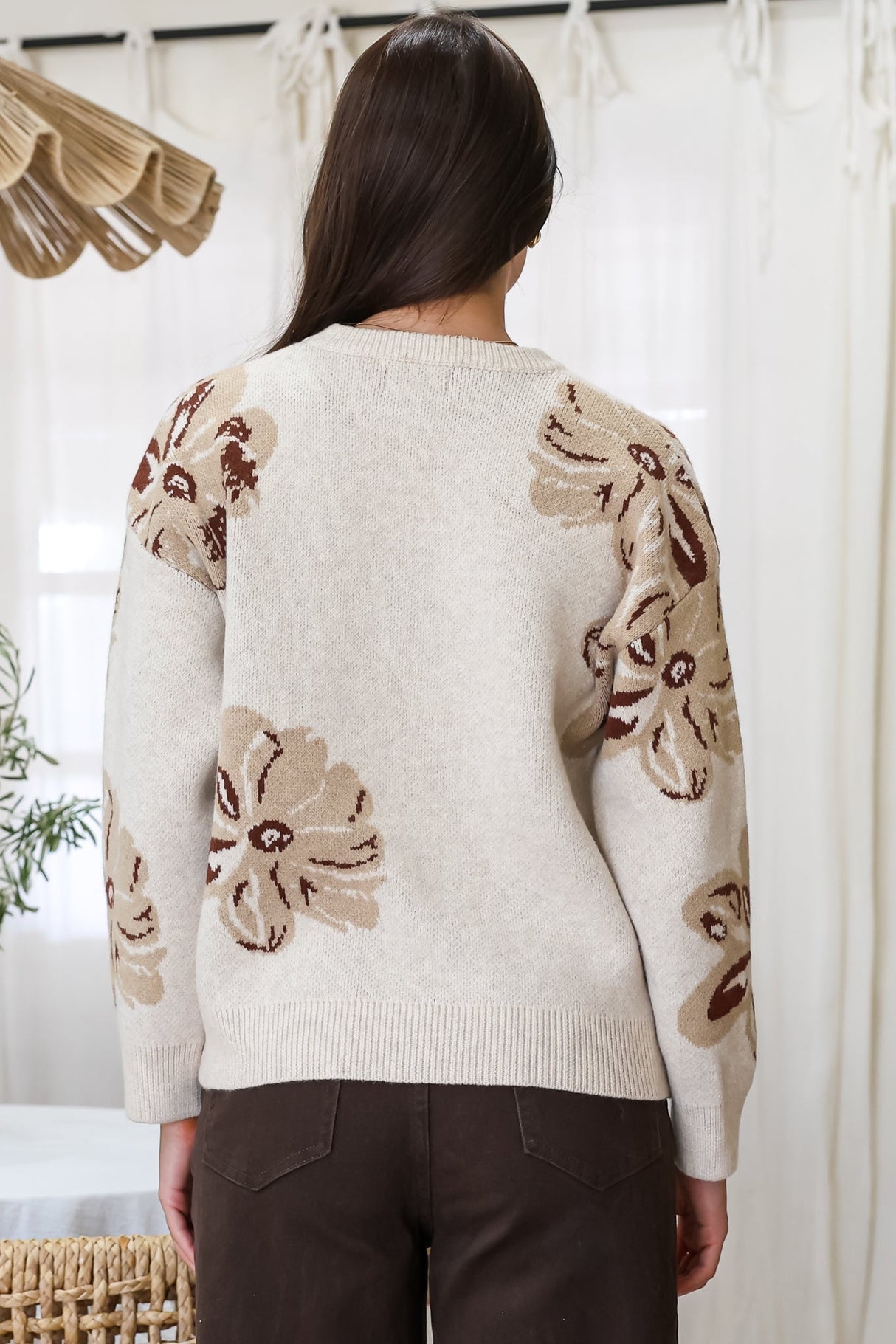 Breezy Jumper - Crew Neck Long Sleeve Floral Knit with Ribbed Hemlines in Beige