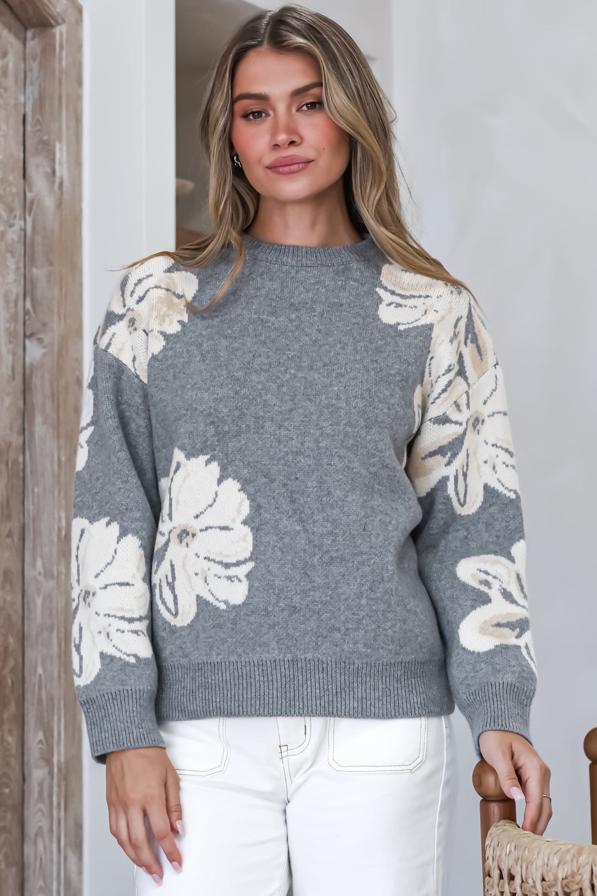 Model wearing Breezy Jumper in Gray from Salty Crush