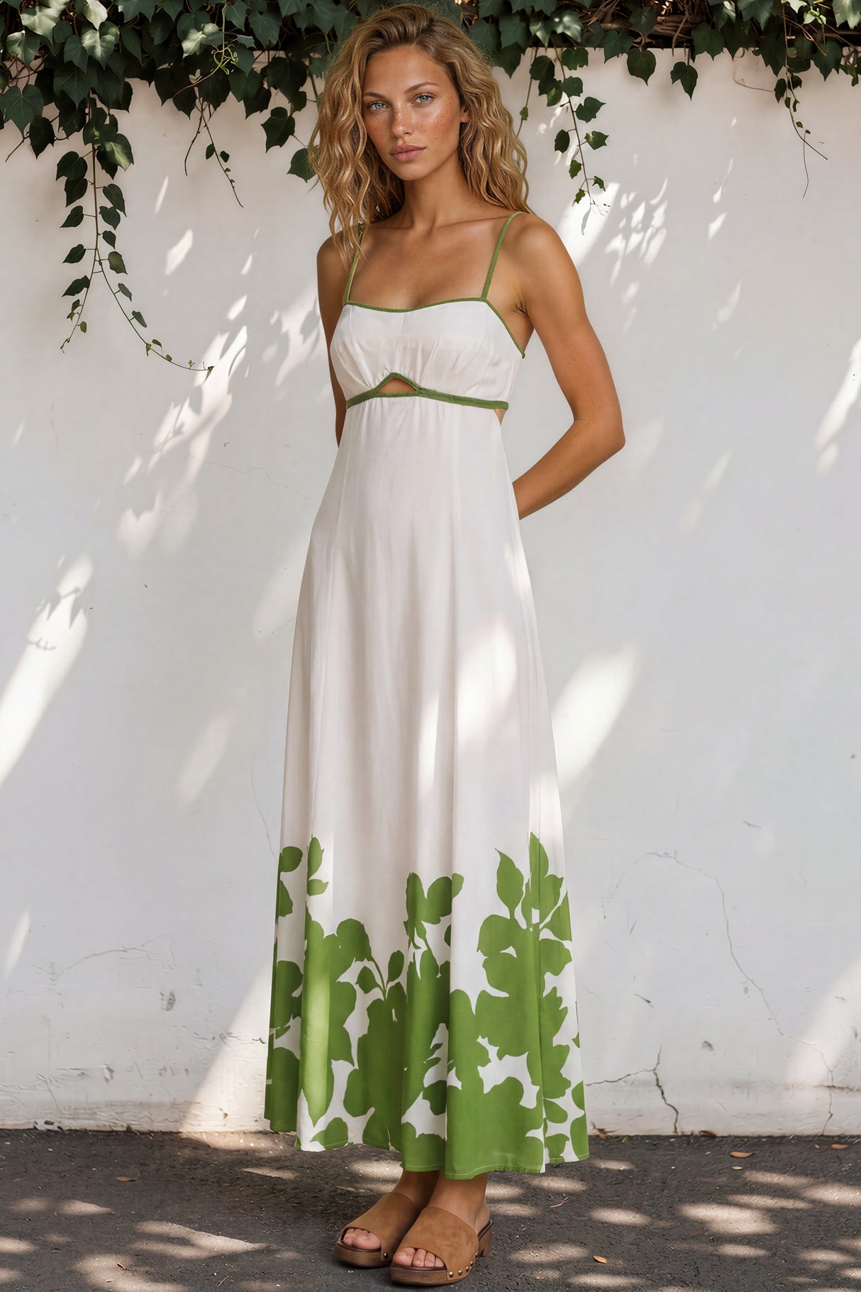 Model wearing Bria Maxi Dress in Clover Print from Salty Crush