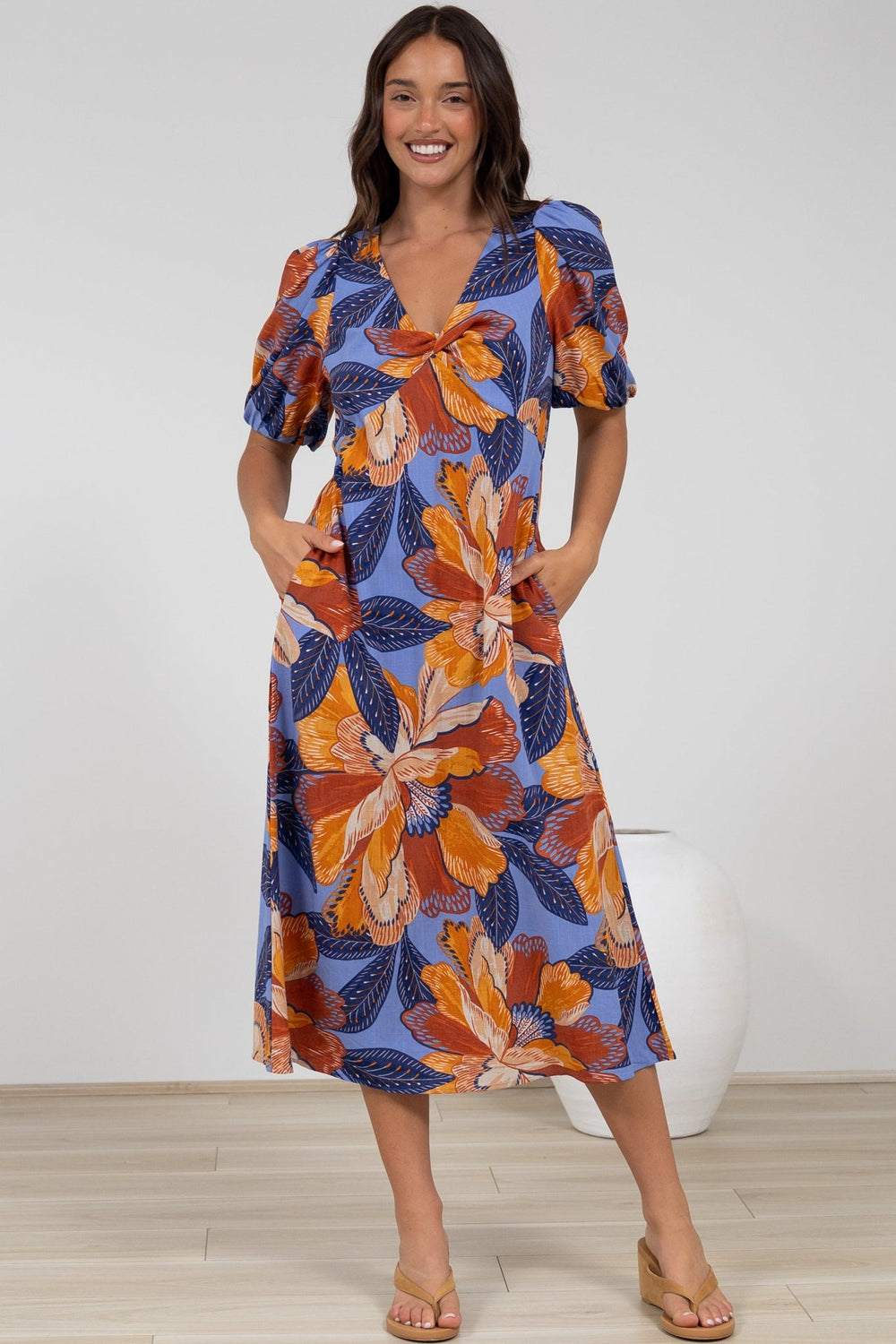 Brie Midi Dress - V-Neck Empire Line Dress with Pockets in Bittersweet Print