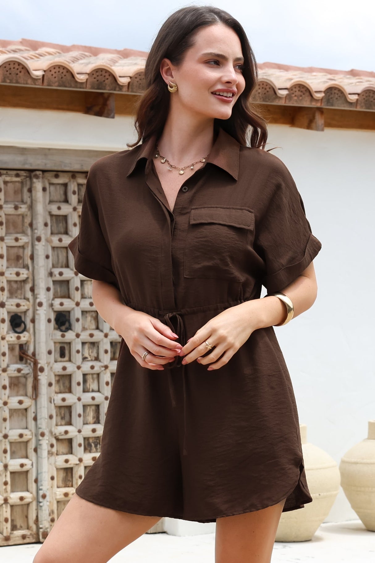 Brienne Playsuit - Collared Pull Tie Waist Playsuit with Pockets in Chocolate