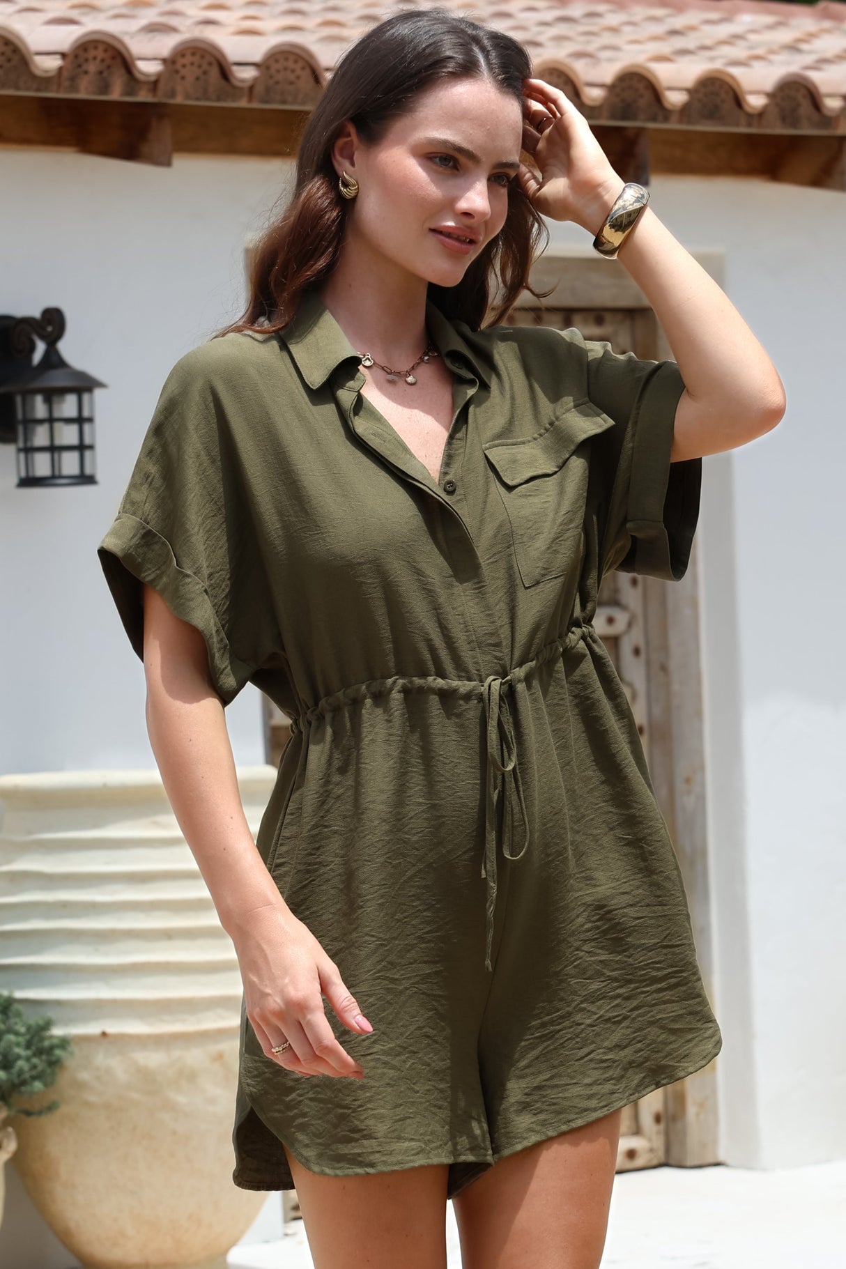 Brienne Playsuit - Collared Pull Tie Waist Playsuit with Pockets in Khaki