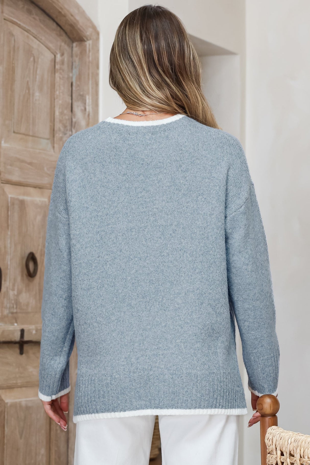 Brighton Jumper - Crew Neck Contrast Trim Step Hem Knit in Light Blue