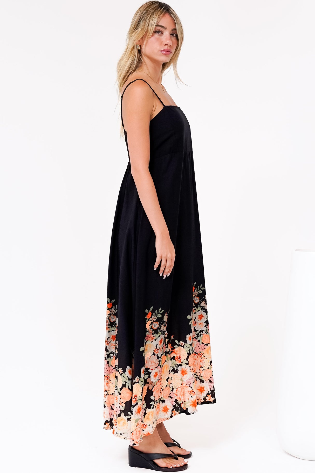 Brigitte Maxi Dress - A-Line Sun Dress with Adjustable Spaghetti Straps in Florence Print Black