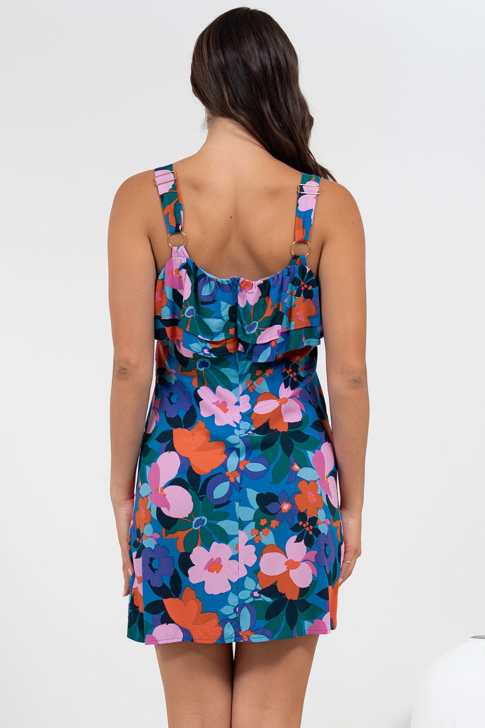 Brinley Mini Dress - Adjustable Strap Dress with Frill Layer Overlay on Bodice in Florabelle Print