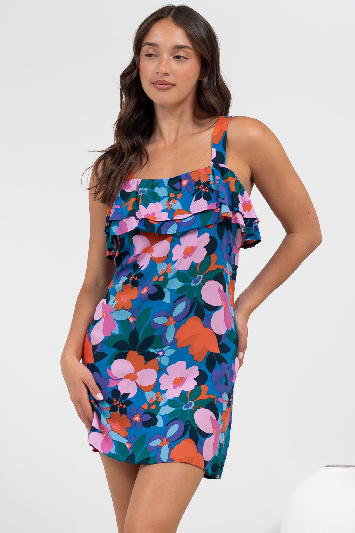 Brinley Mini Dress - Adjustable Strap Dress with Frill Layer Overlay on Bodice in Florabelle Print