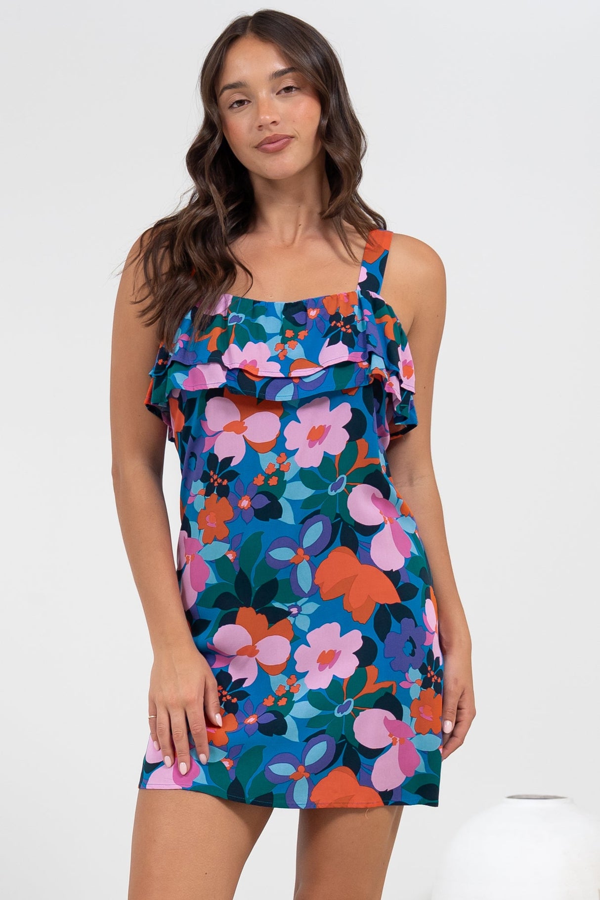 Brinley Mini Dress - Adjustable Strap Dress with Frill Layer Overlay on Bodice in Florabelle Print