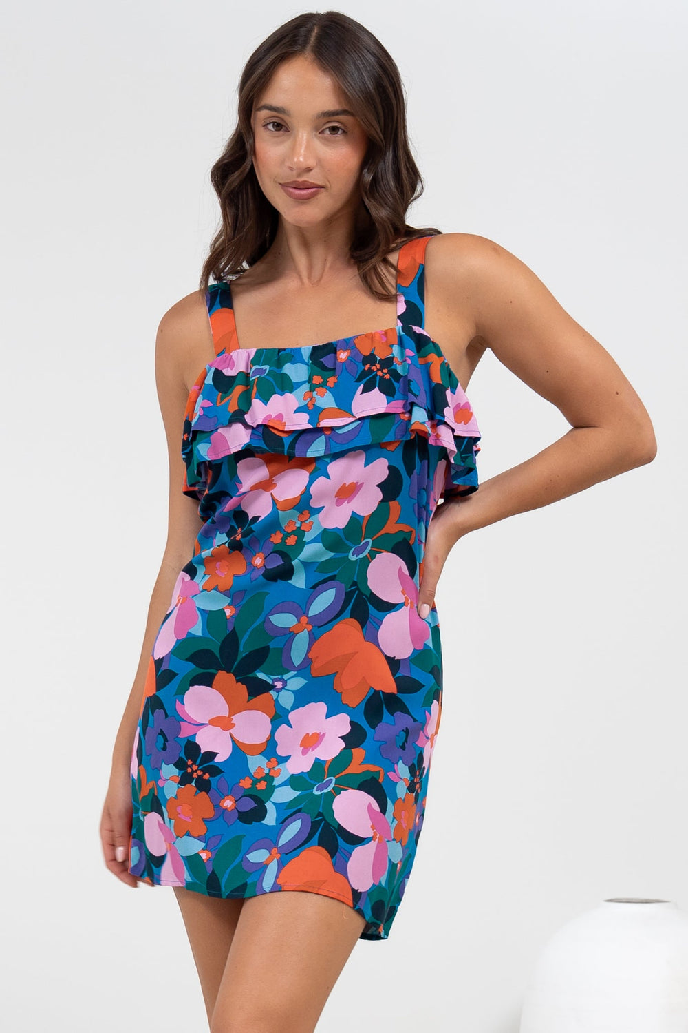 Brinley Mini Dress - Adjustable Strap Dress with Frill Layer Overlay on Bodice in Florabelle Print