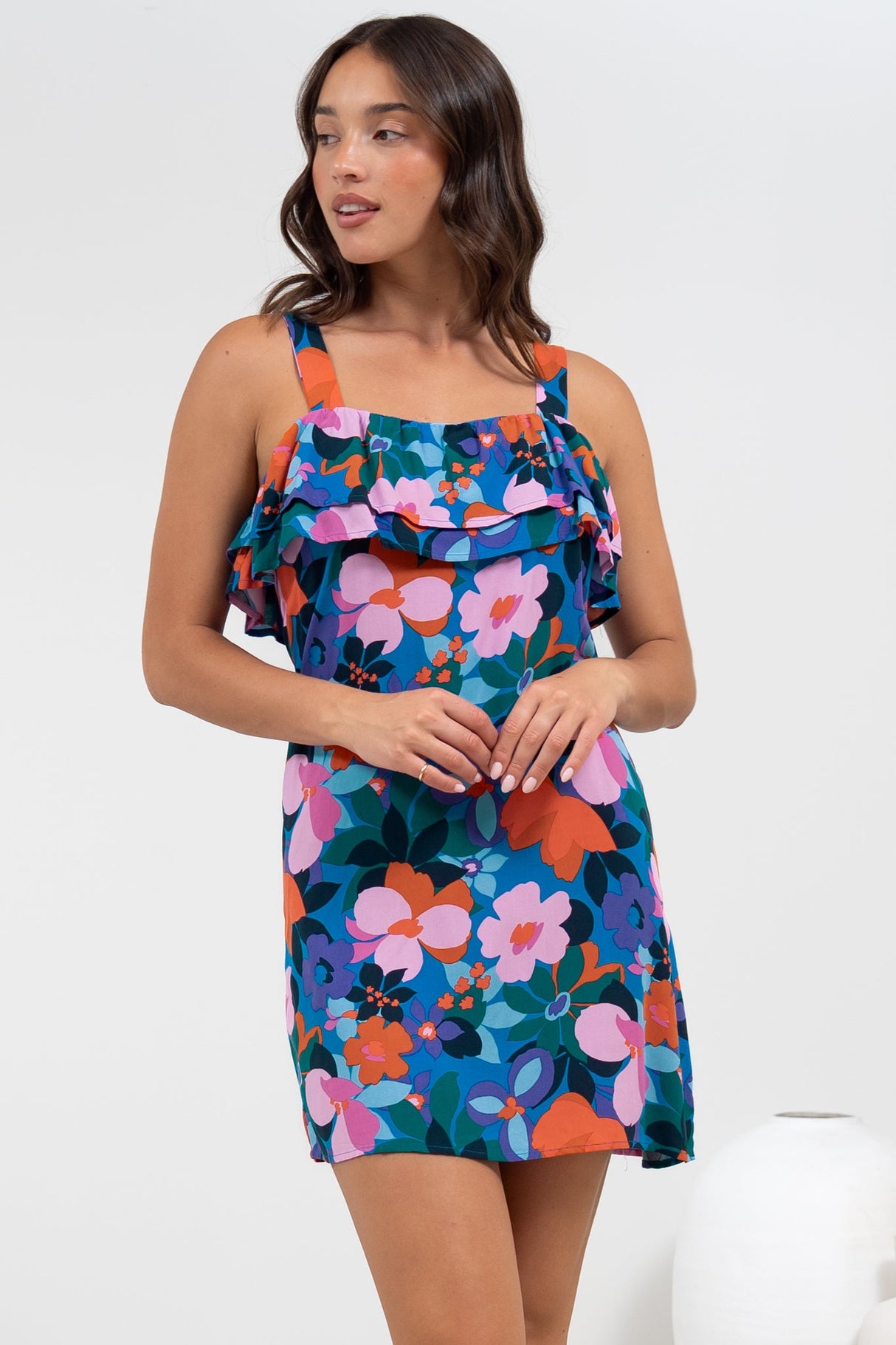 Brinley Mini Dress - Adjustable Strap Dress with Frill Layer Overlay on Bodice in Florabelle Print