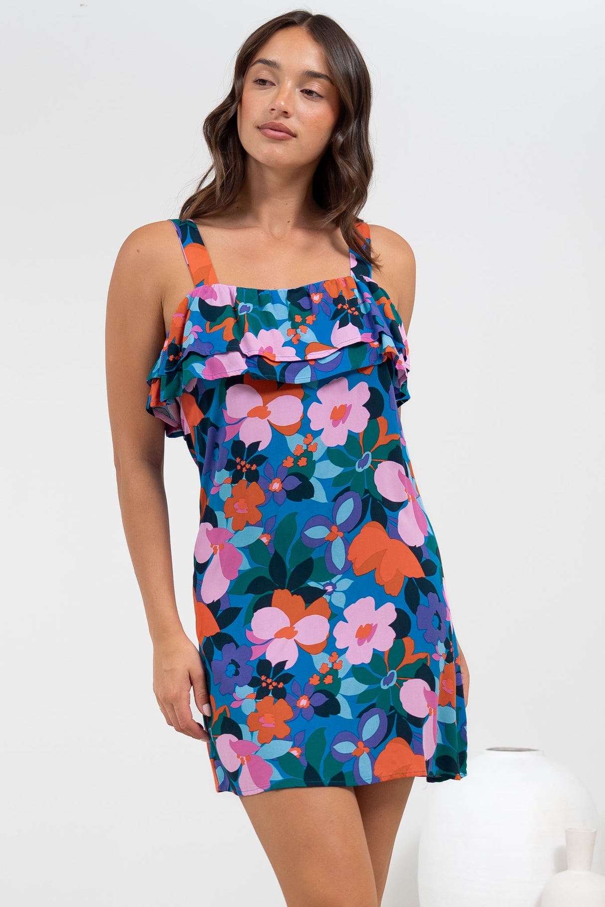 Brinley Mini Dress - Adjustable Strap Dress with Frill Layer Overlay on Bodice in Florabelle Print