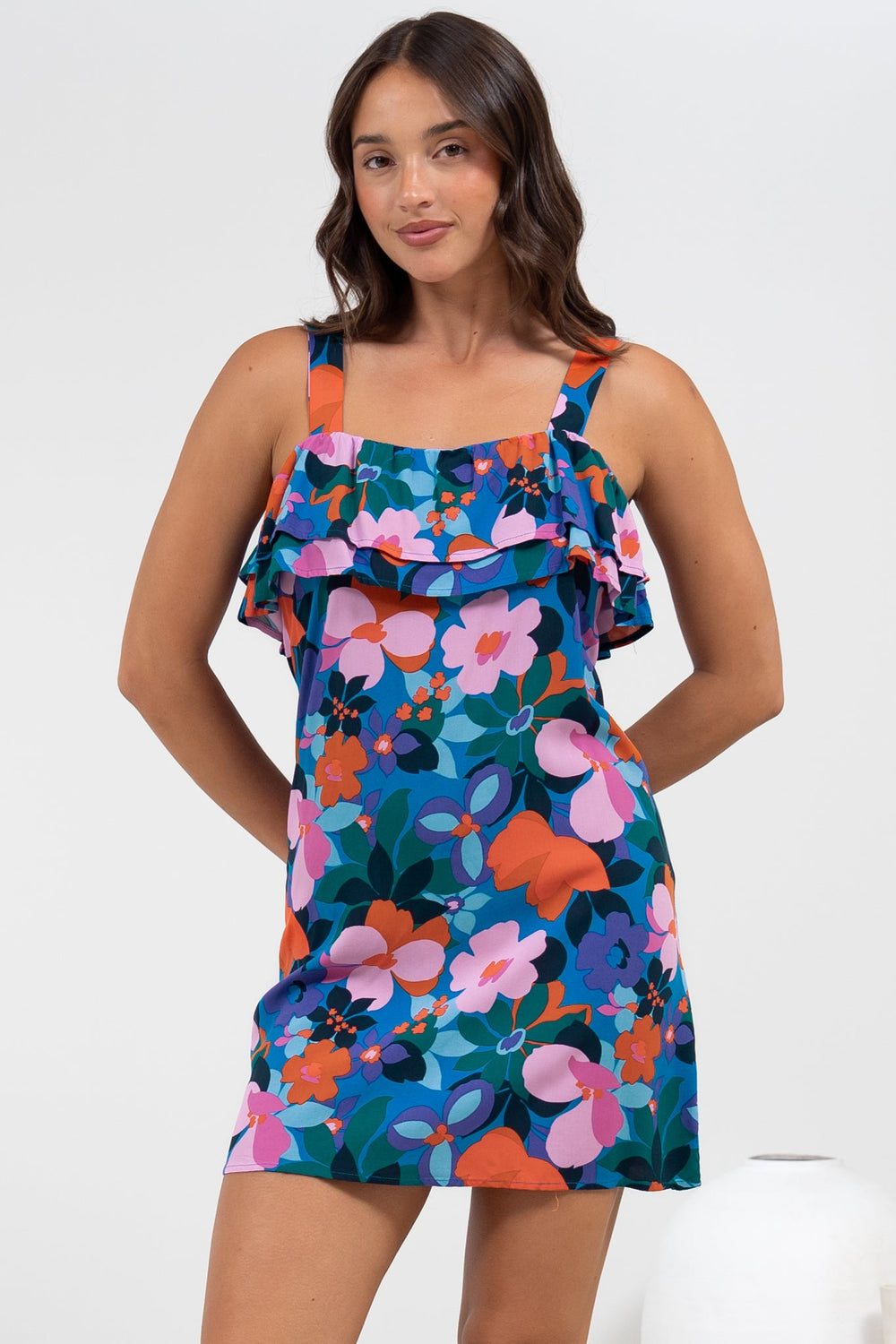 Brinley Mini Dress - Adjustable Strap Dress with Frill Layer Overlay on Bodice in Florabelle Print
