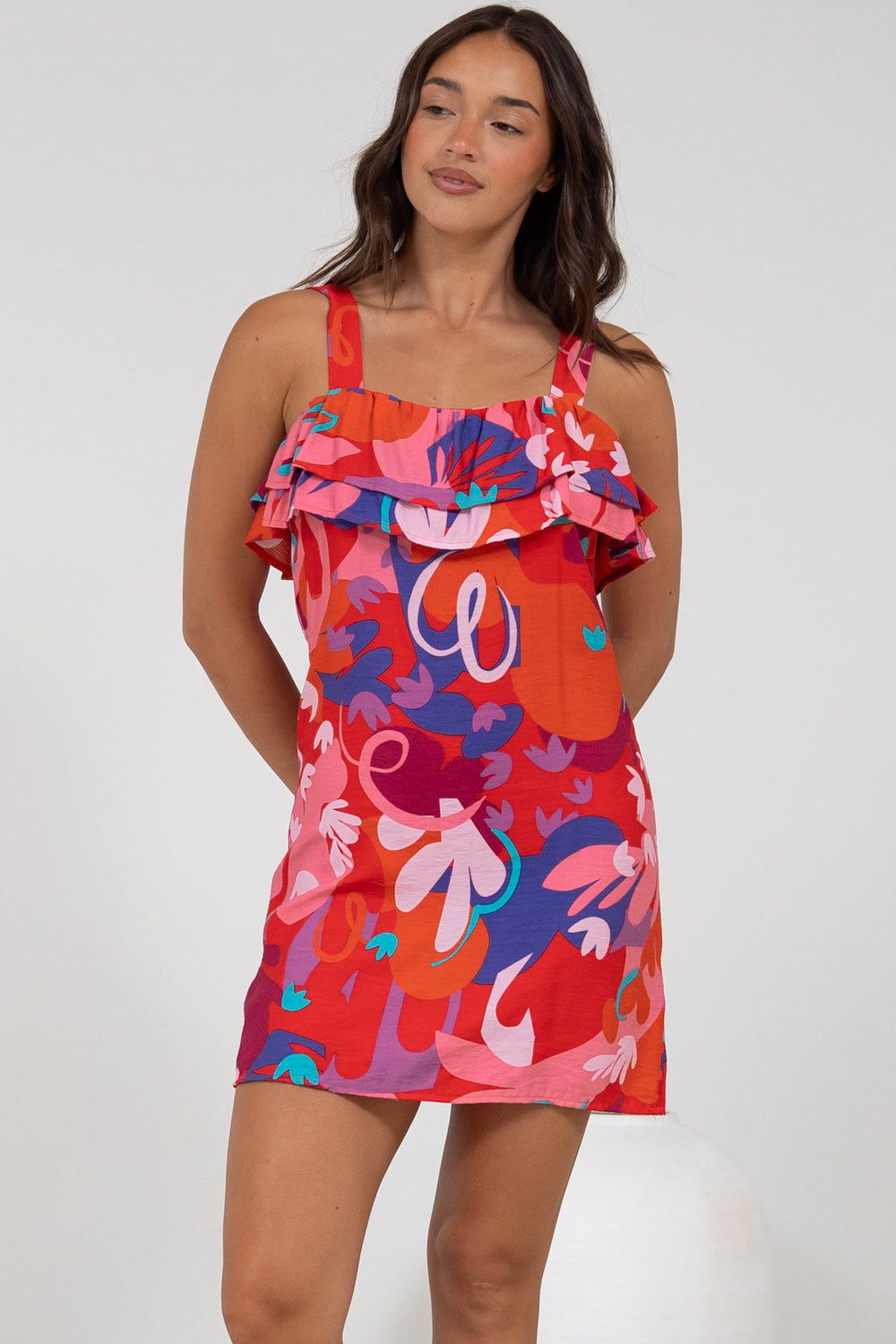 Brinley Mini Dress - Adjustable Strap Dress with Frill Layer Overlay on Bodice in Talina Print