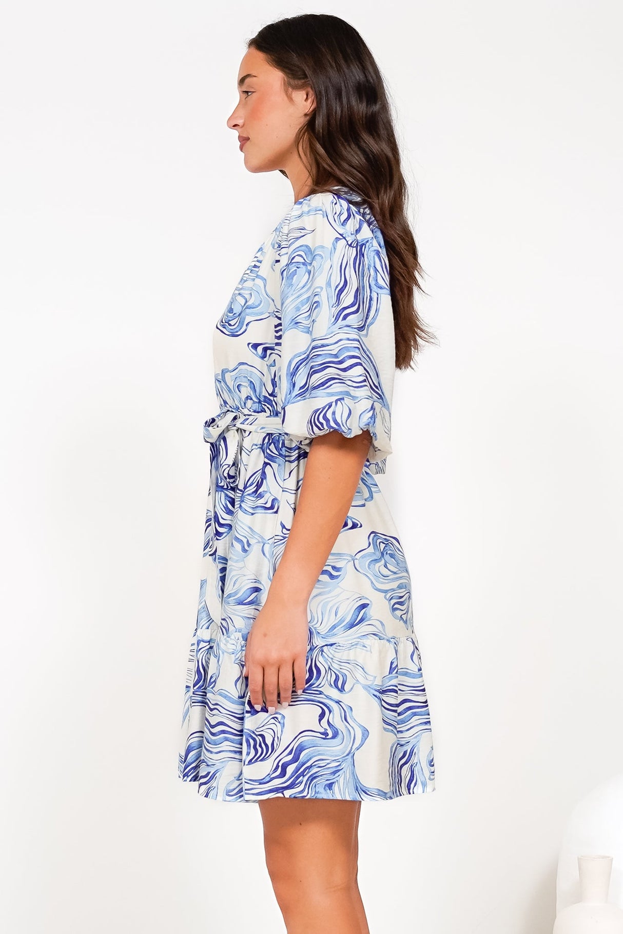 Brioni Mini Dress - V-Neck Buttoned Bodice Dress with Waist Tie in Faith Print