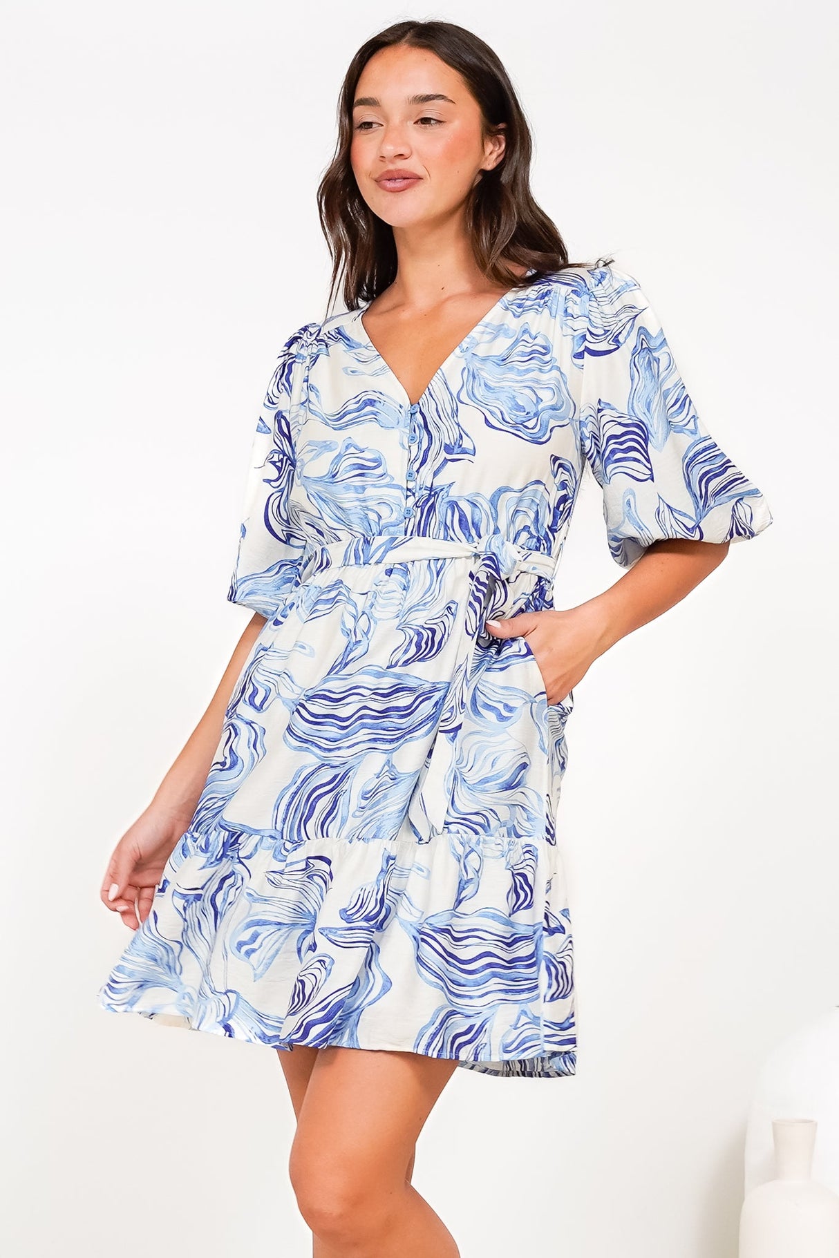 Brioni Mini Dress - V-Neck Buttoned Bodice Dress with Waist Tie in Faith Print