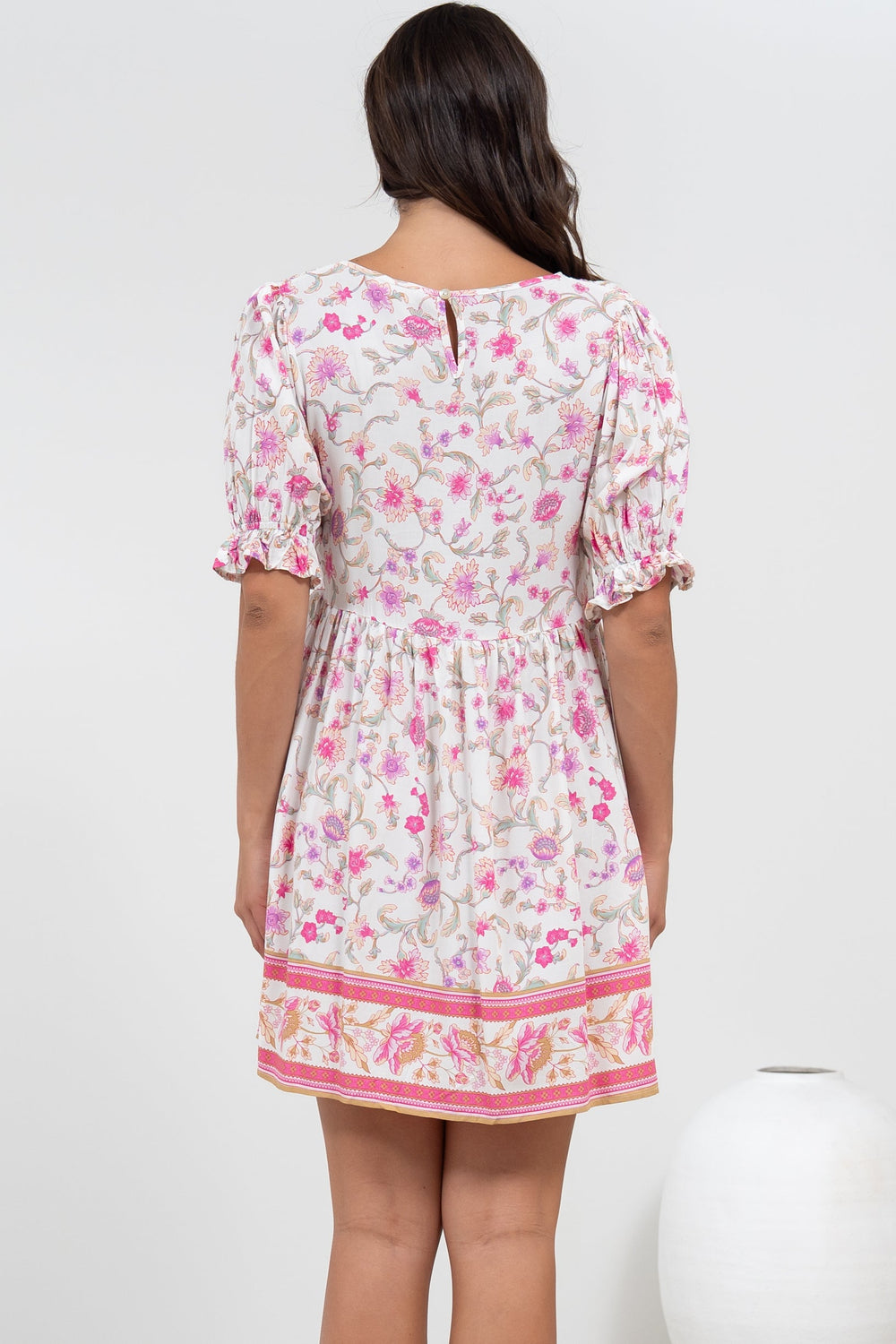 Brissa Mini Dress - V-Neck Shirred Bodice Balloon Sleeve Dress in Scarlette Print