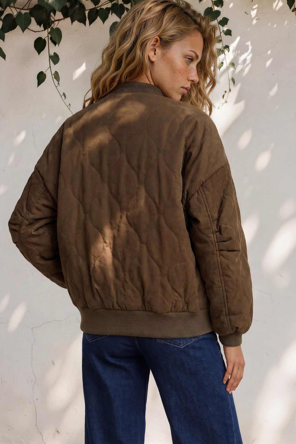 Brixton Jacket - Round Neck Quilted Bomber Jacket with Zipper & Snap Button Closure in Khaki