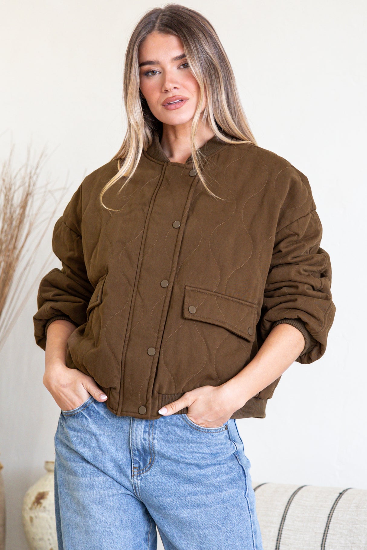 Brixton Jacket - Round Neck Quilted Bomber Jacket with Zipper & Snap Button Closure in Khaki