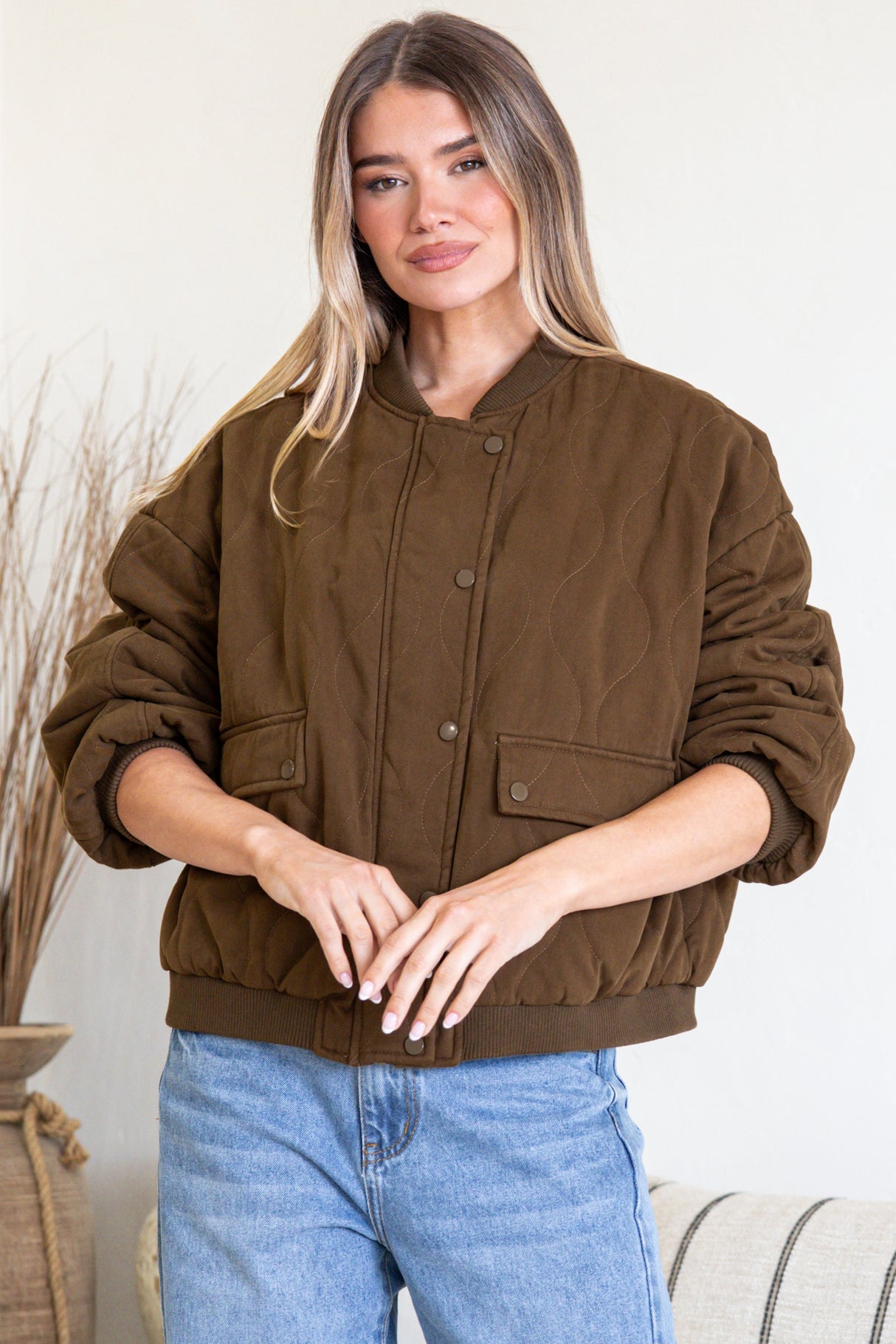 Brixton Jacket - Round Neck Quilted Bomber Jacket with Zipper & Snap Button Closure in Khaki