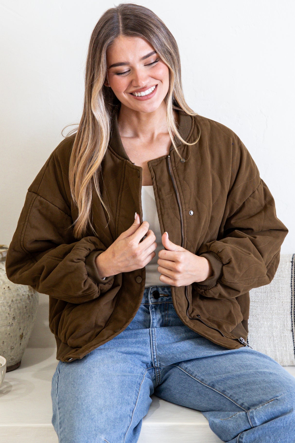 Brixton Jacket - Round Neck Quilted Bomber Jacket with Zipper & Snap Button Closure in Khaki