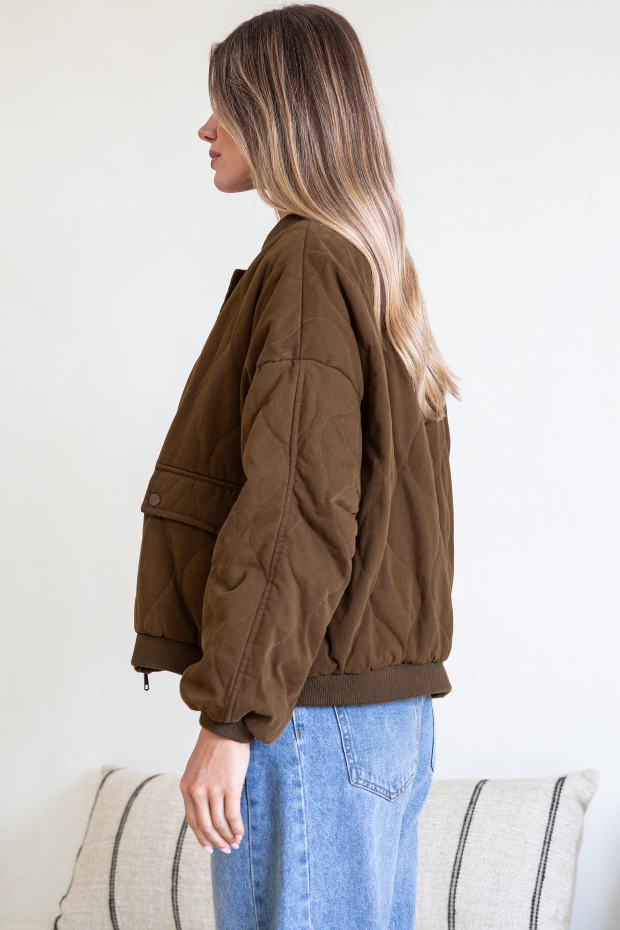 Brixton Jacket - Round Neck Quilted Bomber Jacket with Zipper & Snap Button Closure in Khaki