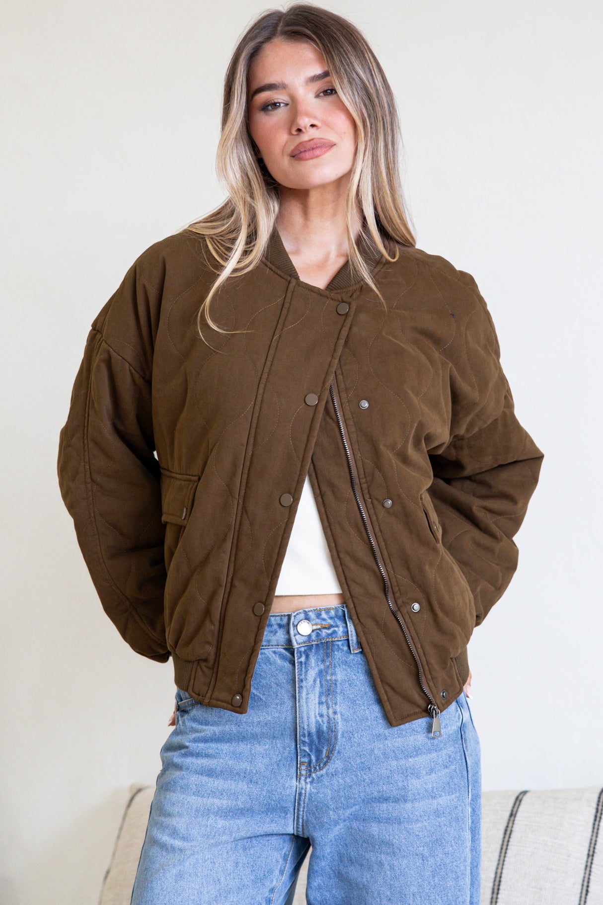 Brixton Jacket - Round Neck Quilted Bomber Jacket with Zipper & Snap Button Closure in Khaki