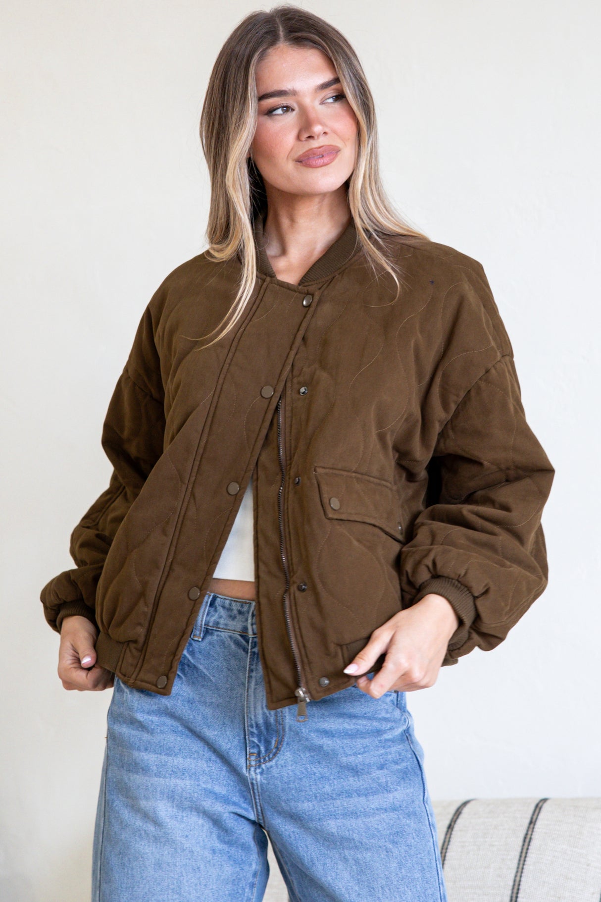 Brixton Jacket - Round Neck Quilted Bomber Jacket with Zipper & Snap Button Closure in Khaki