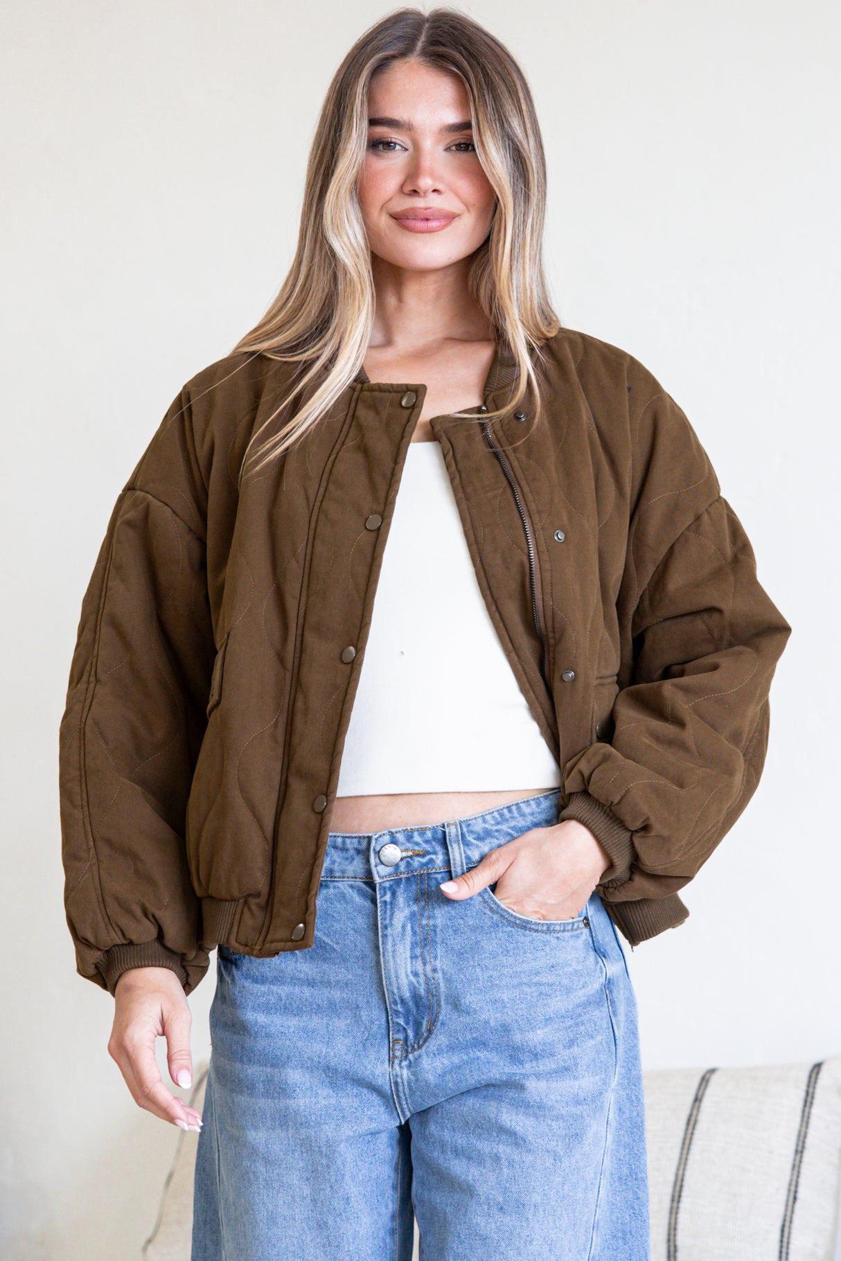 Brixton Jacket - Round Neck Quilted Bomber Jacket with Zipper & Snap Button Closure in Khaki
