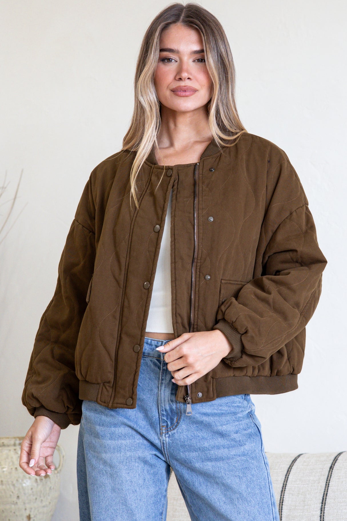 Brixton Jacket - Round Neck Quilted Bomber Jacket with Zipper & Snap Button Closure in Khaki