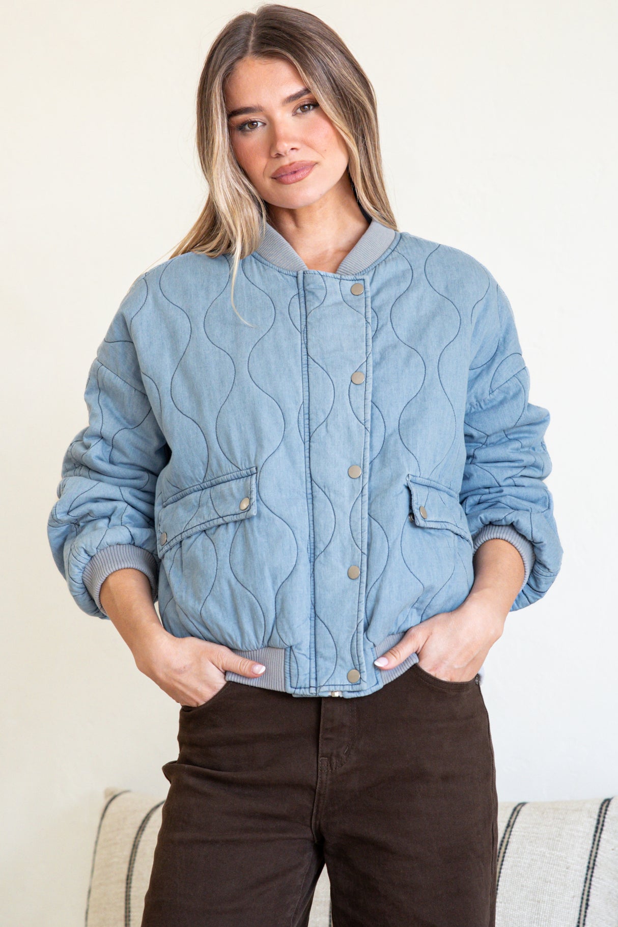 Brixton Jacket - Round Neck Quilted Bomber Jacket with Zipper & Snap Button Closure in Light Denim