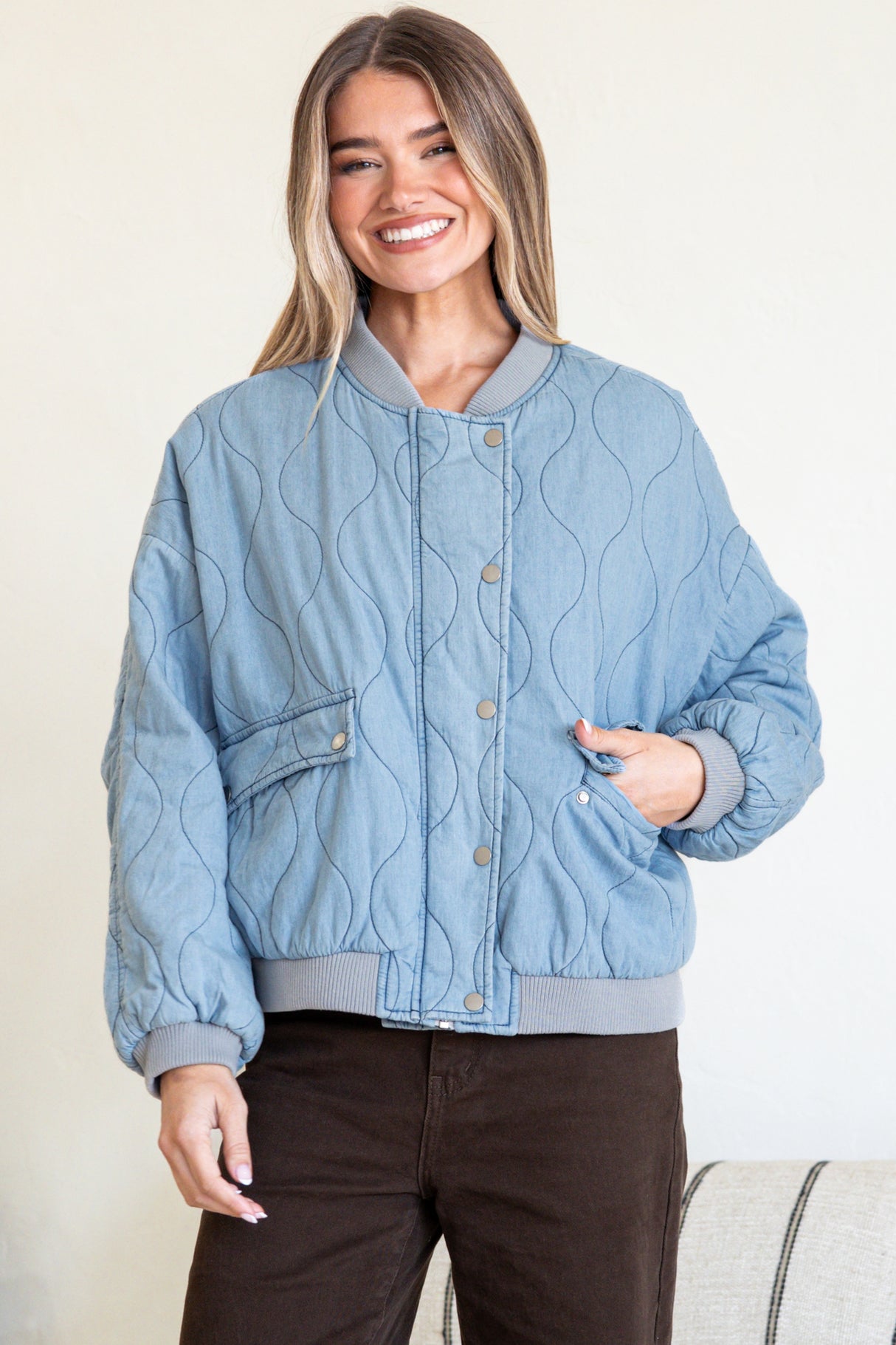 Brixton Jacket - Round Neck Quilted Bomber Jacket with Zipper & Snap Button Closure in Light Denim