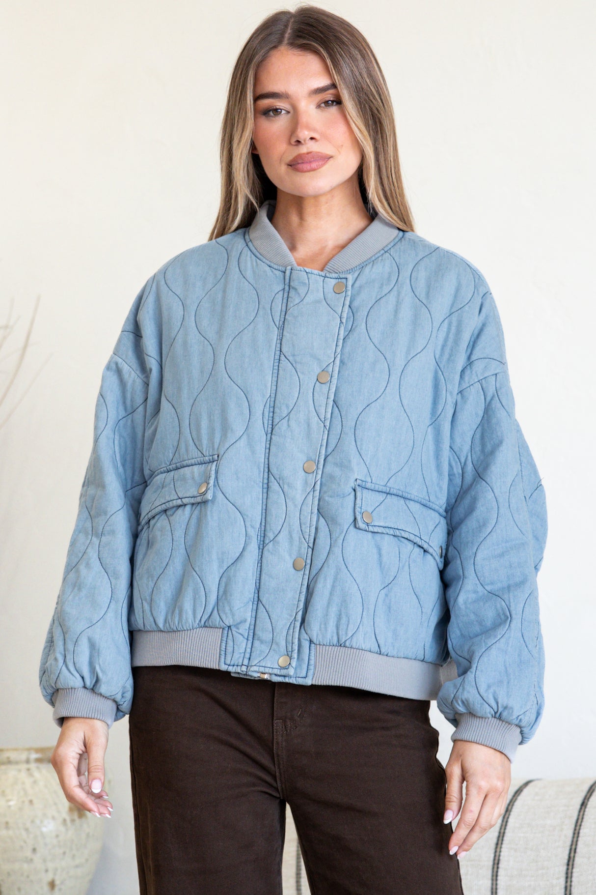 Brixton Jacket - Round Neck Quilted Bomber Jacket with Zipper & Snap Button Closure in Light Denim