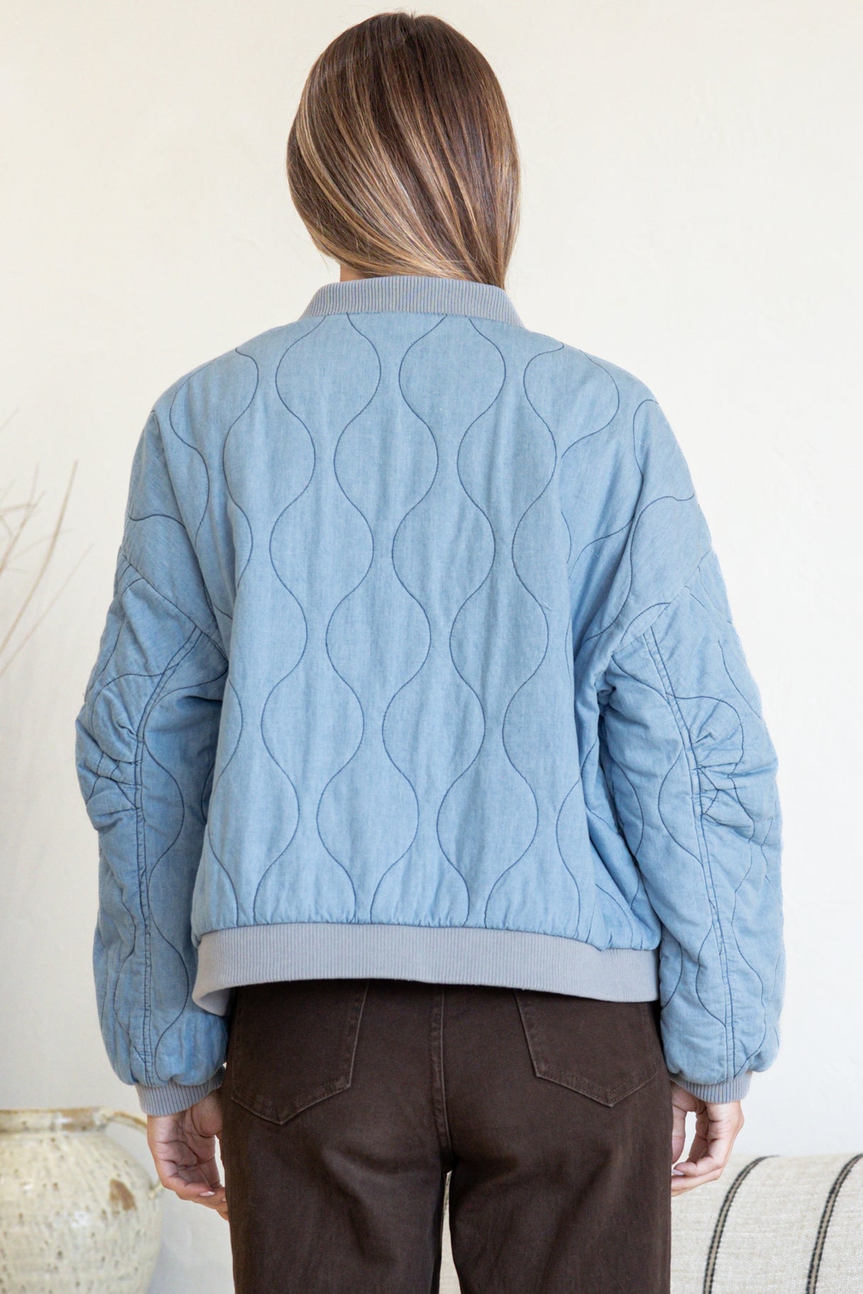 Brixton Jacket - Round Neck Quilted Bomber Jacket with Zipper & Snap Button Closure in Light Denim