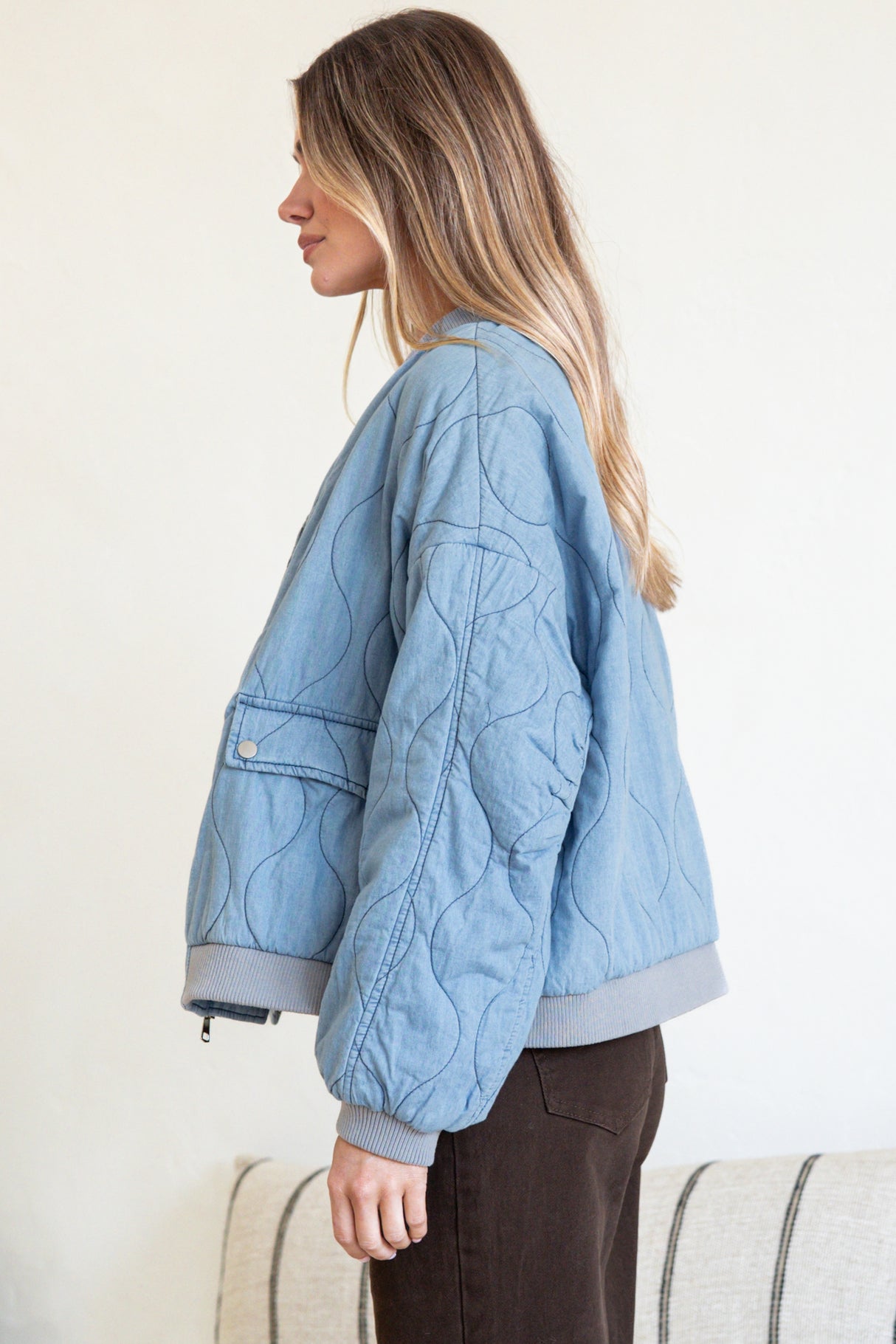Brixton Jacket - Round Neck Quilted Bomber Jacket with Zipper & Snap Button Closure in Light Denim