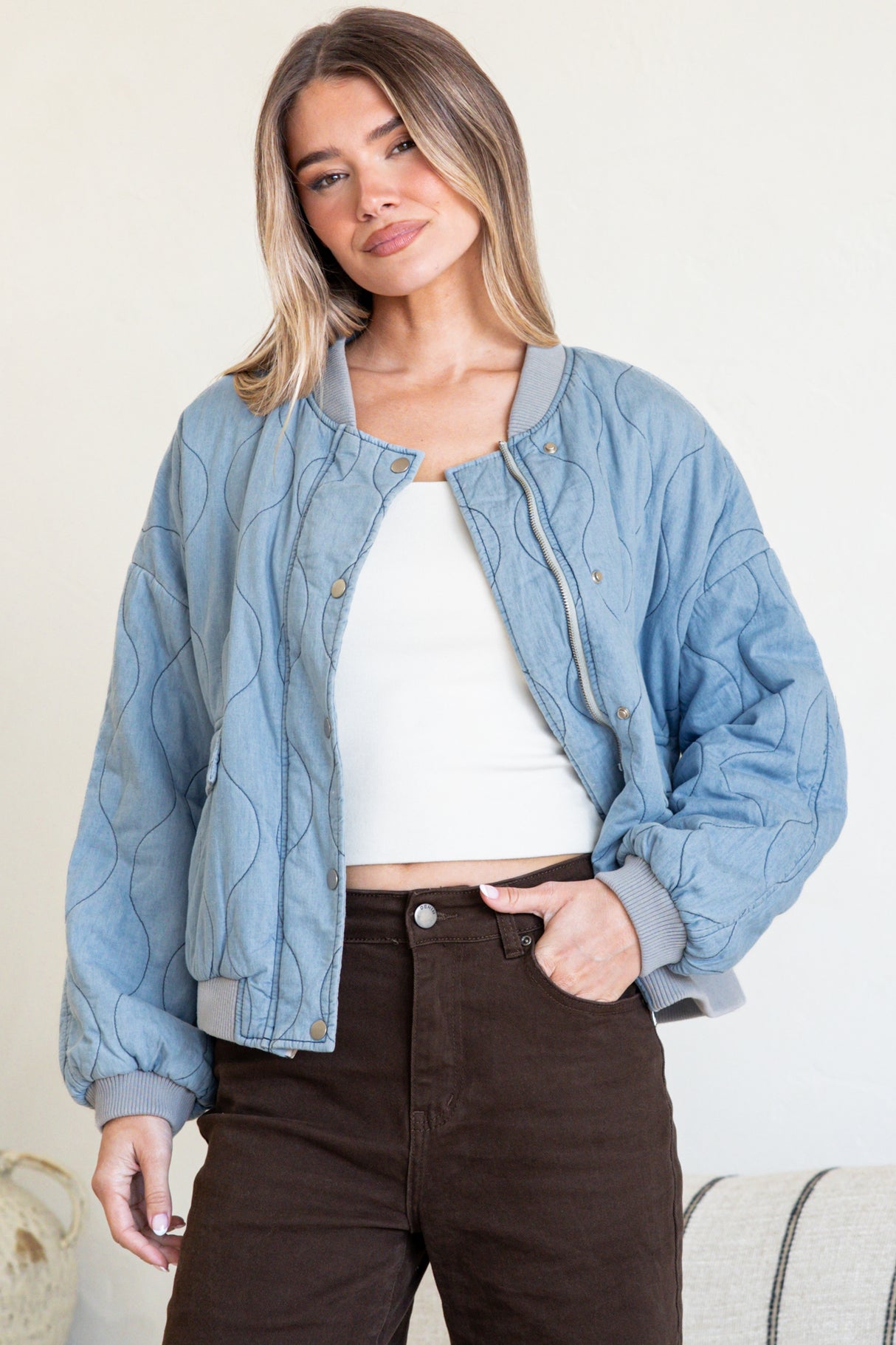 Brixton Jacket - Round Neck Quilted Bomber Jacket with Zipper & Snap Button Closure in Light Denim